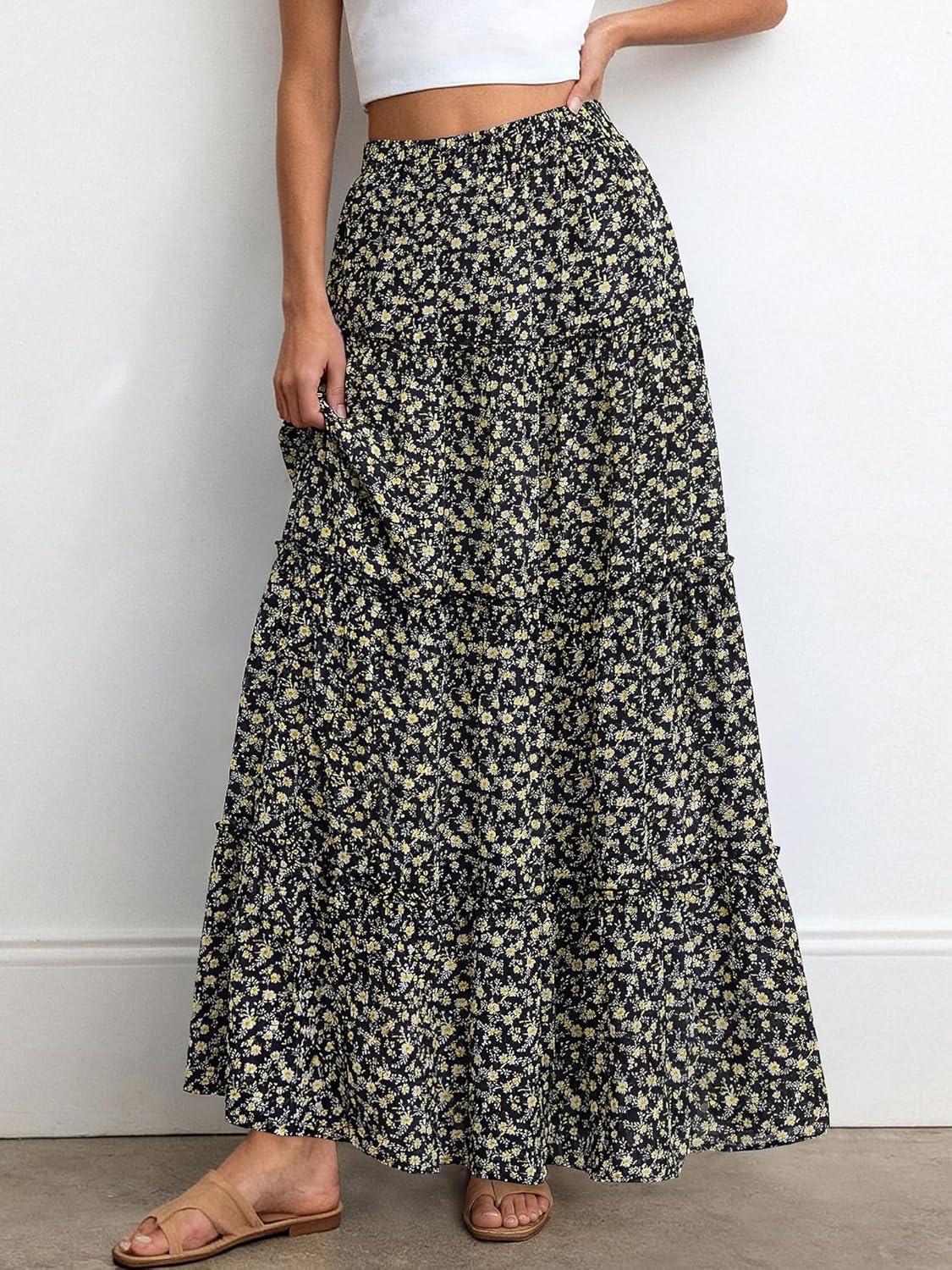 imageBTFBM Floral Maxi Skirts for Women Summer Spring 2026 Elastic Waist Tiered Flowy Beach Vacation Boho Midi Long SkirtFloral Black Yellow