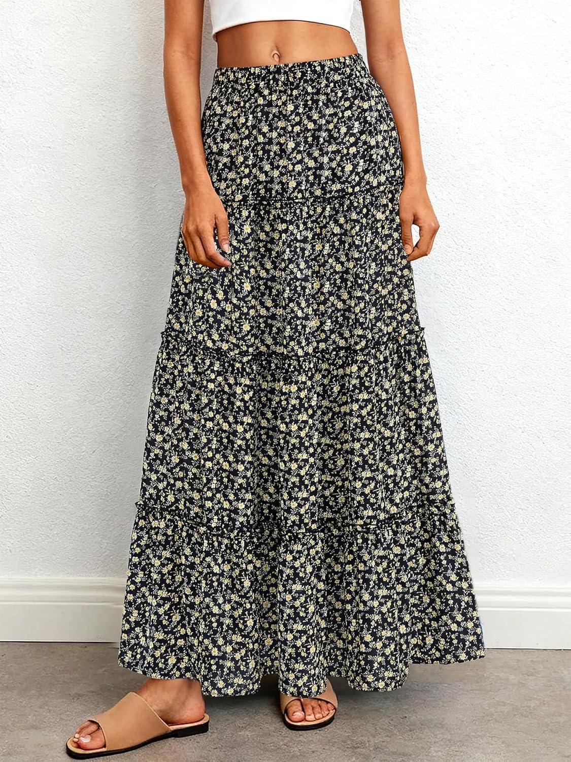 imageBTFBM Floral Maxi Skirts for Women Summer Spring 2026 Elastic Waist Tiered Flowy Beach Vacation Boho Midi Long SkirtFloral Black Yellow