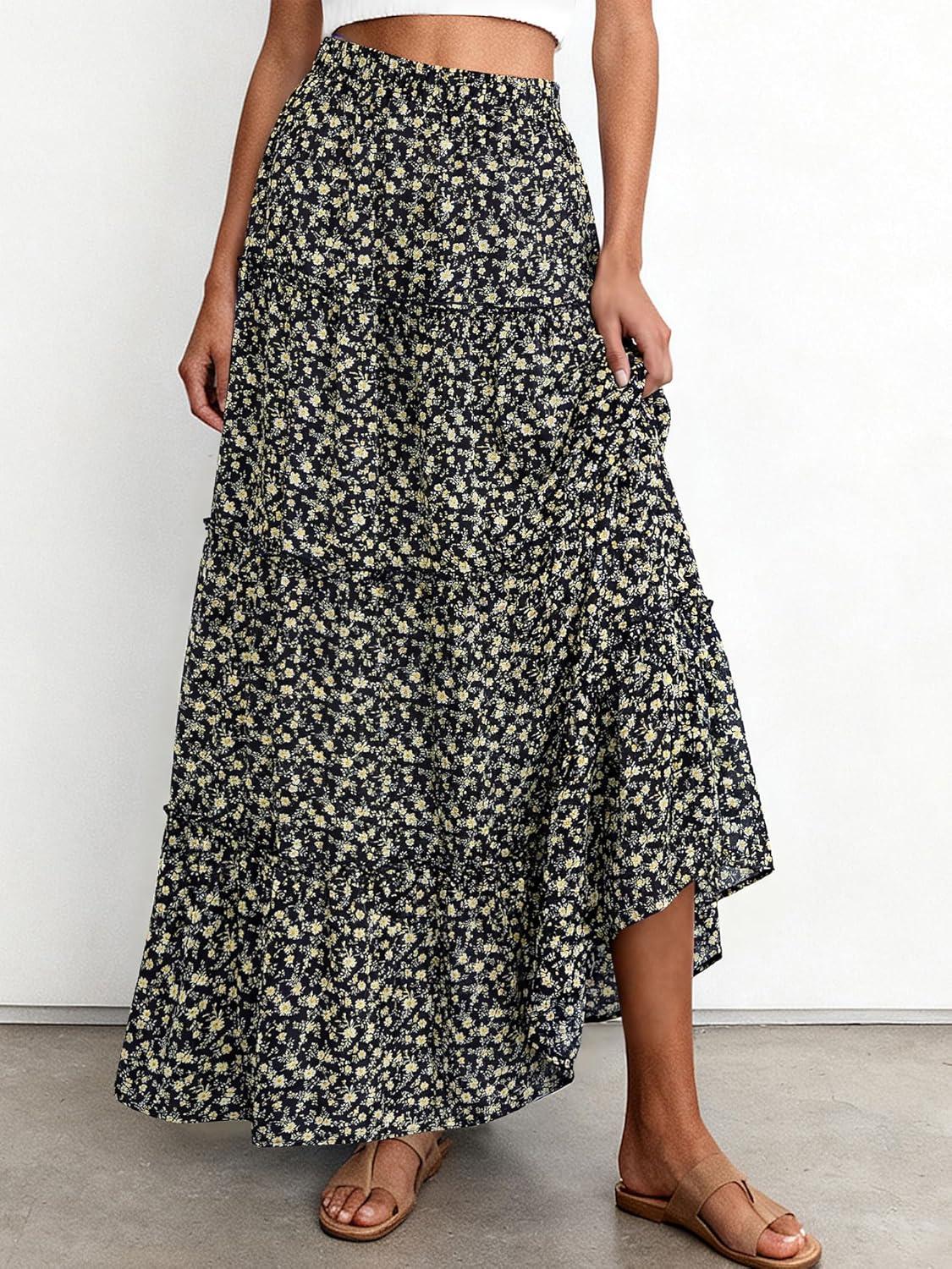 imageBTFBM Floral Maxi Skirts for Women Summer Spring 2026 Elastic Waist Tiered Flowy Beach Vacation Boho Midi Long SkirtFloral Black Yellow