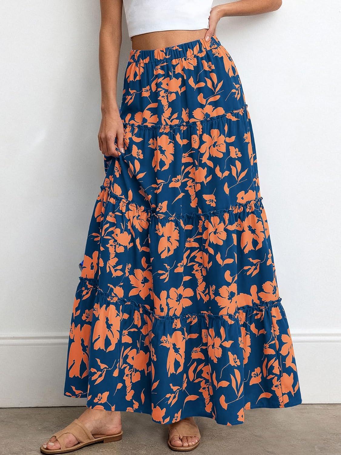 imageBTFBM Floral Maxi Skirts for Women Summer Spring 2026 Elastic Waist Tiered Flowy Beach Vacation Boho Midi Long SkirtFloral Blue Orange