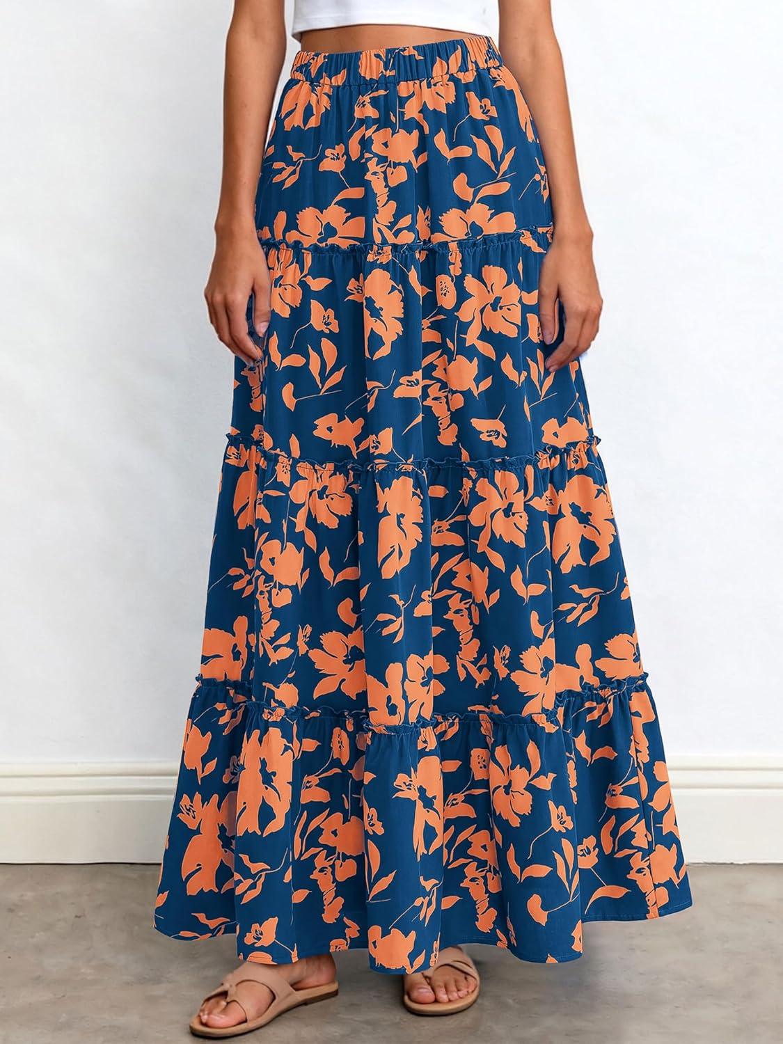 imageBTFBM Floral Maxi Skirts for Women Summer Spring 2026 Elastic Waist Tiered Flowy Beach Vacation Boho Midi Long SkirtFloral Blue Orange