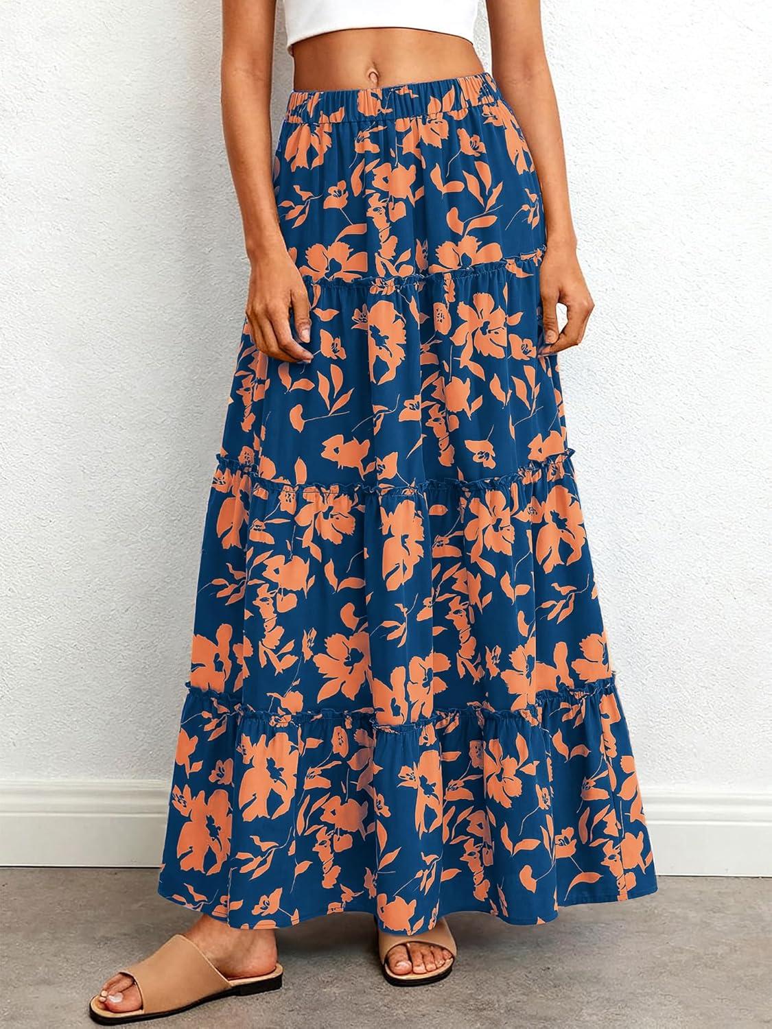 imageBTFBM Floral Maxi Skirts for Women Summer Spring 2026 Elastic Waist Tiered Flowy Beach Vacation Boho Midi Long SkirtFloral Blue Orange