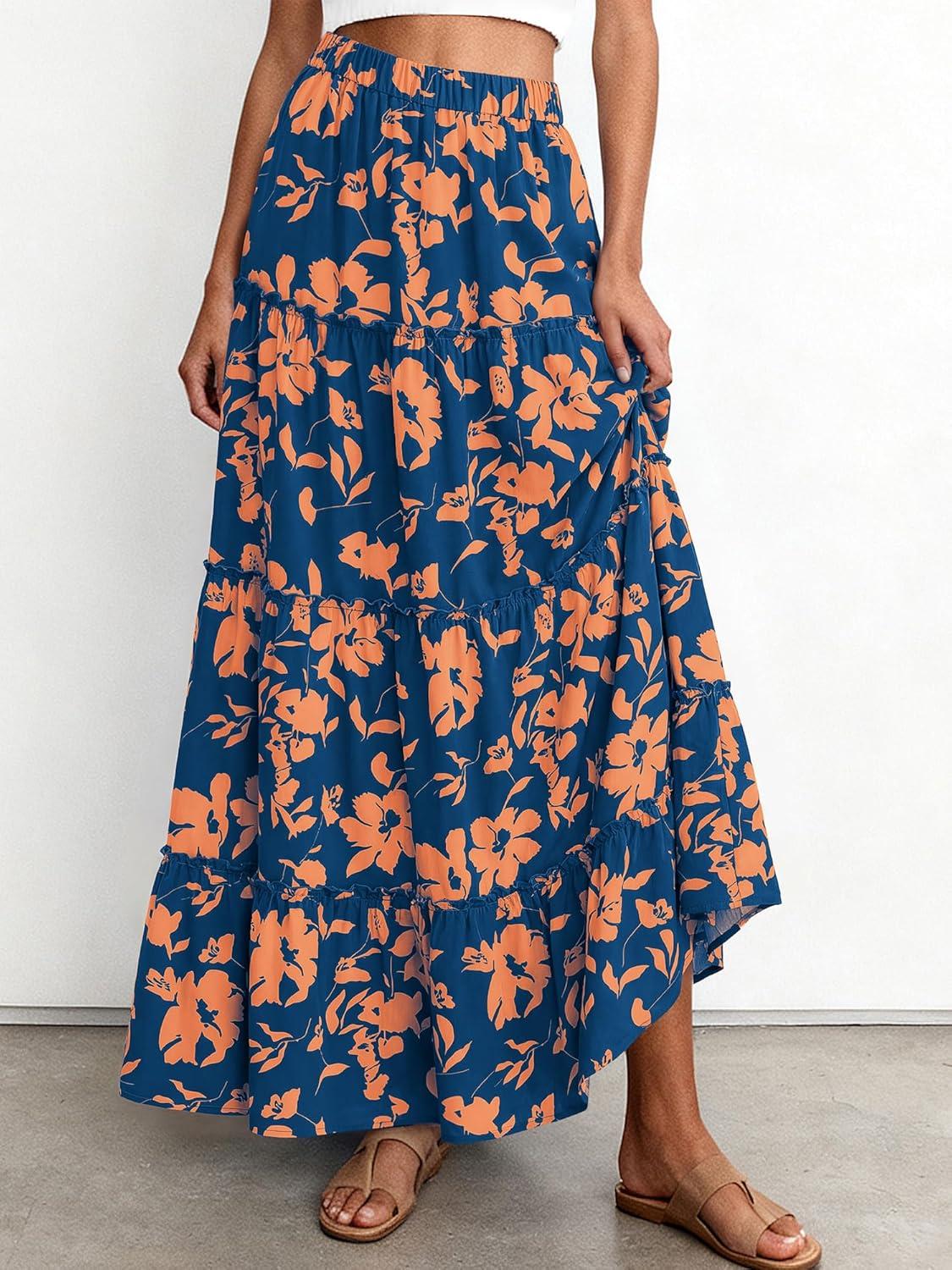 imageBTFBM Floral Maxi Skirts for Women Summer Spring 2026 Elastic Waist Tiered Flowy Beach Vacation Boho Midi Long SkirtFloral Blue Orange