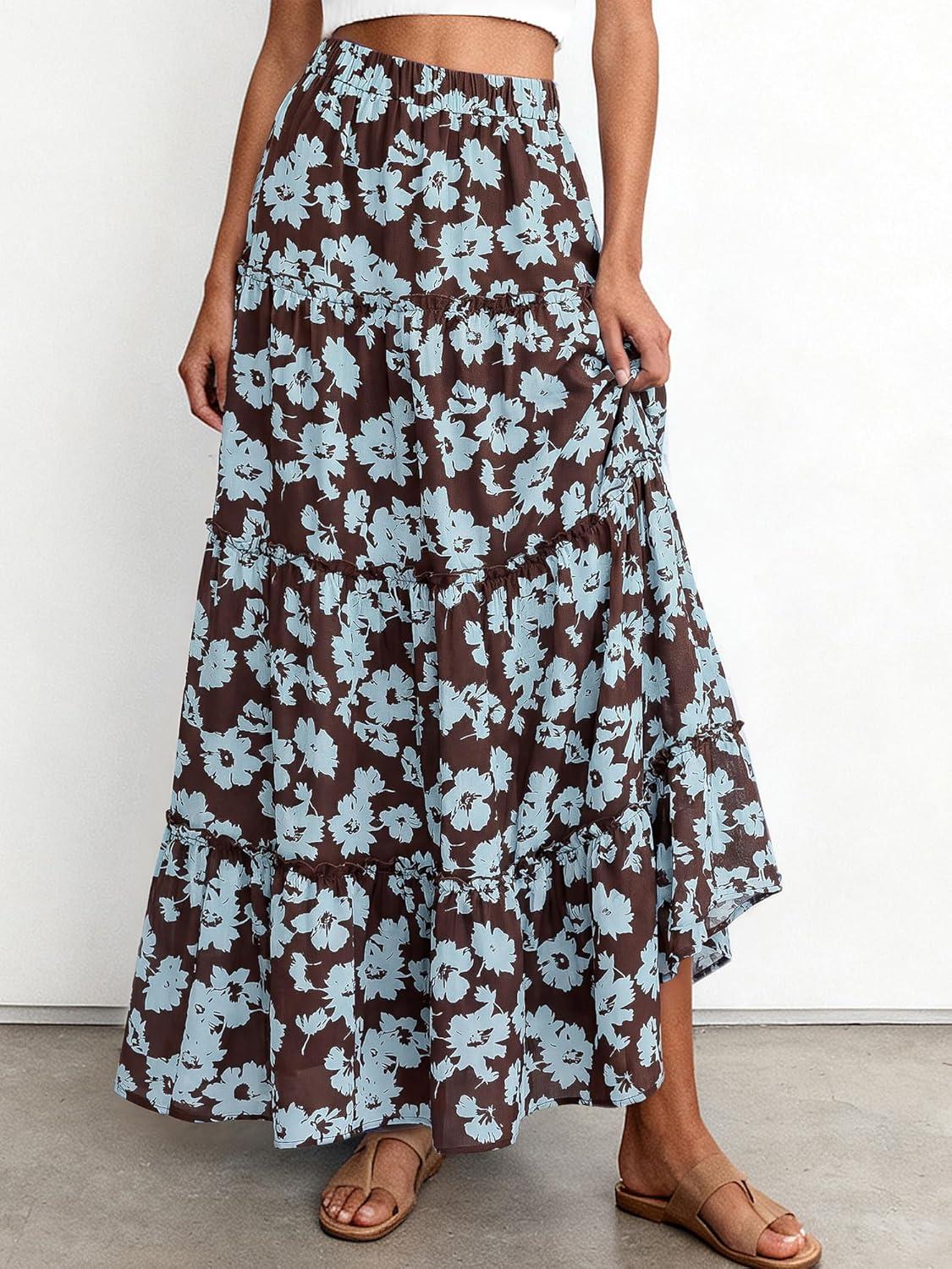 imageBTFBM Floral Maxi Skirts for Women Summer Spring 2026 Elastic Waist Tiered Flowy Beach Vacation Boho Midi Long SkirtFloral Brown Light Blue