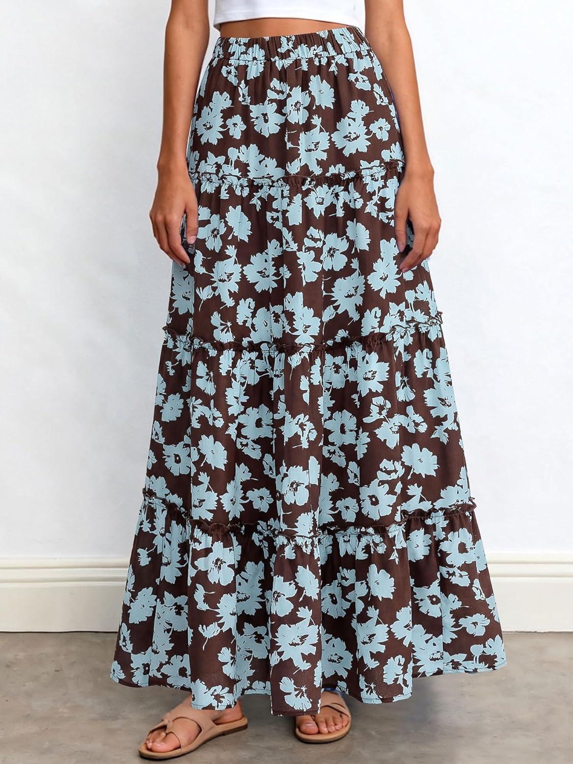 imageBTFBM Floral Maxi Skirts for Women Summer Spring 2026 Elastic Waist Tiered Flowy Beach Vacation Boho Midi Long SkirtFloral Brown Light Blue