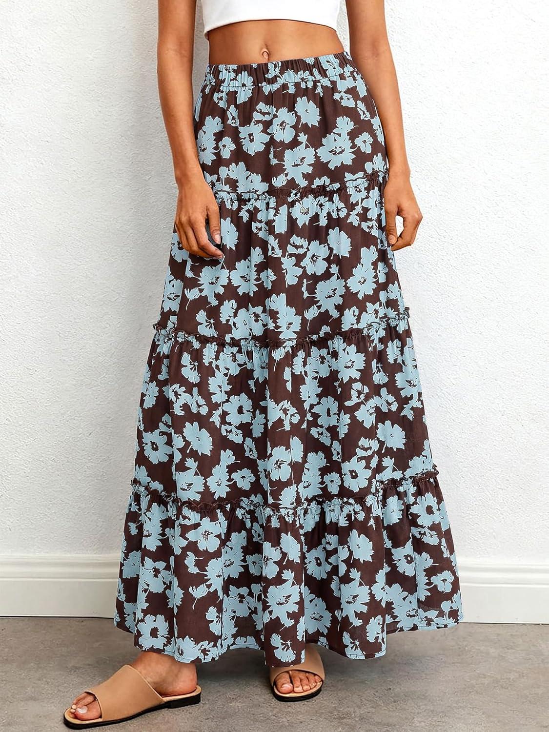 imageBTFBM Floral Maxi Skirts for Women Summer Spring 2026 Elastic Waist Tiered Flowy Beach Vacation Boho Midi Long SkirtFloral Brown Light Blue