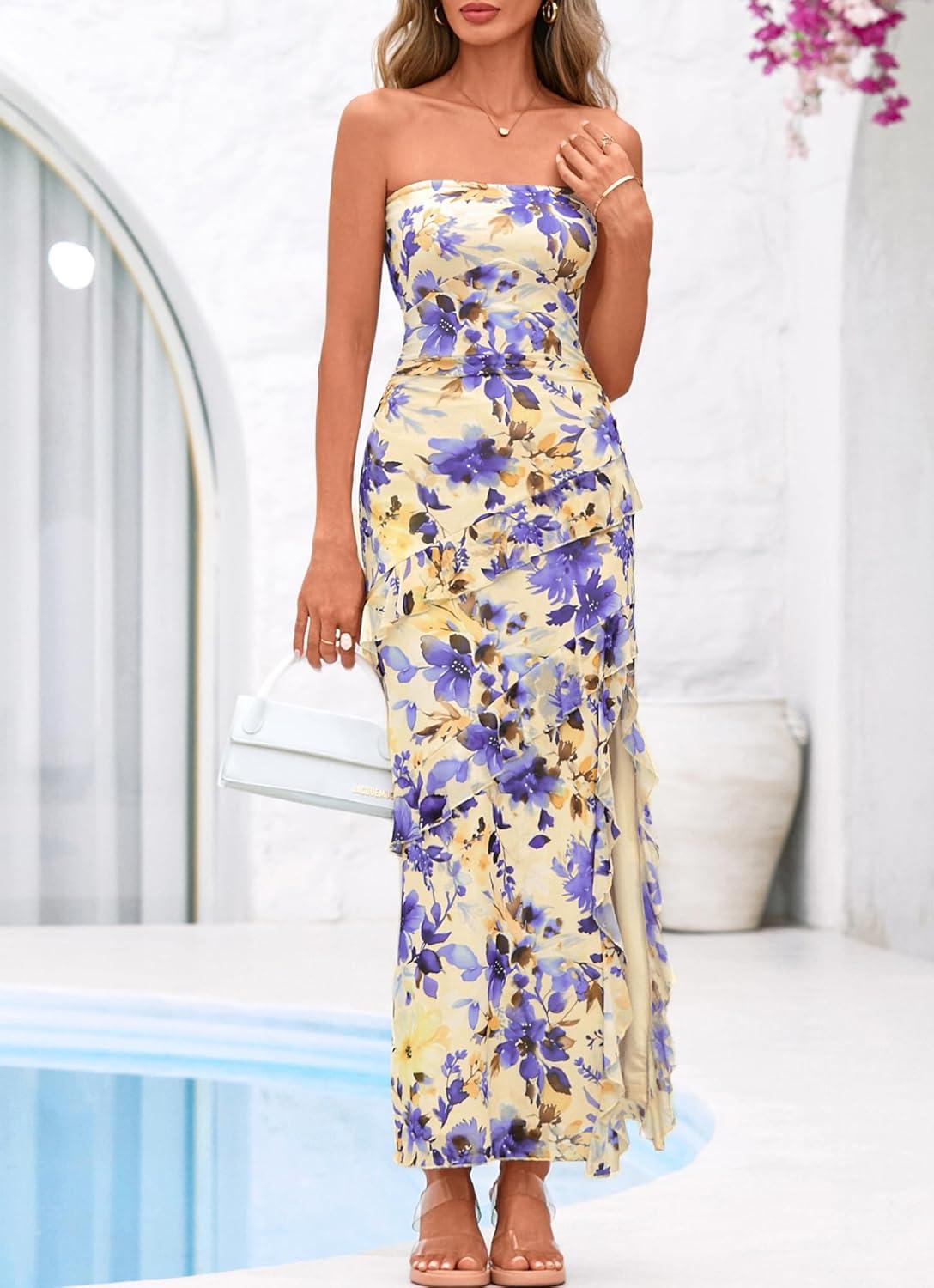 imageBTFBM Off The Shoulder Dresses for Women Summer 2026 Strapless Ruffle Sundress Slit Formal Cocktail Wedding Guest DressFloral Apricot Blue