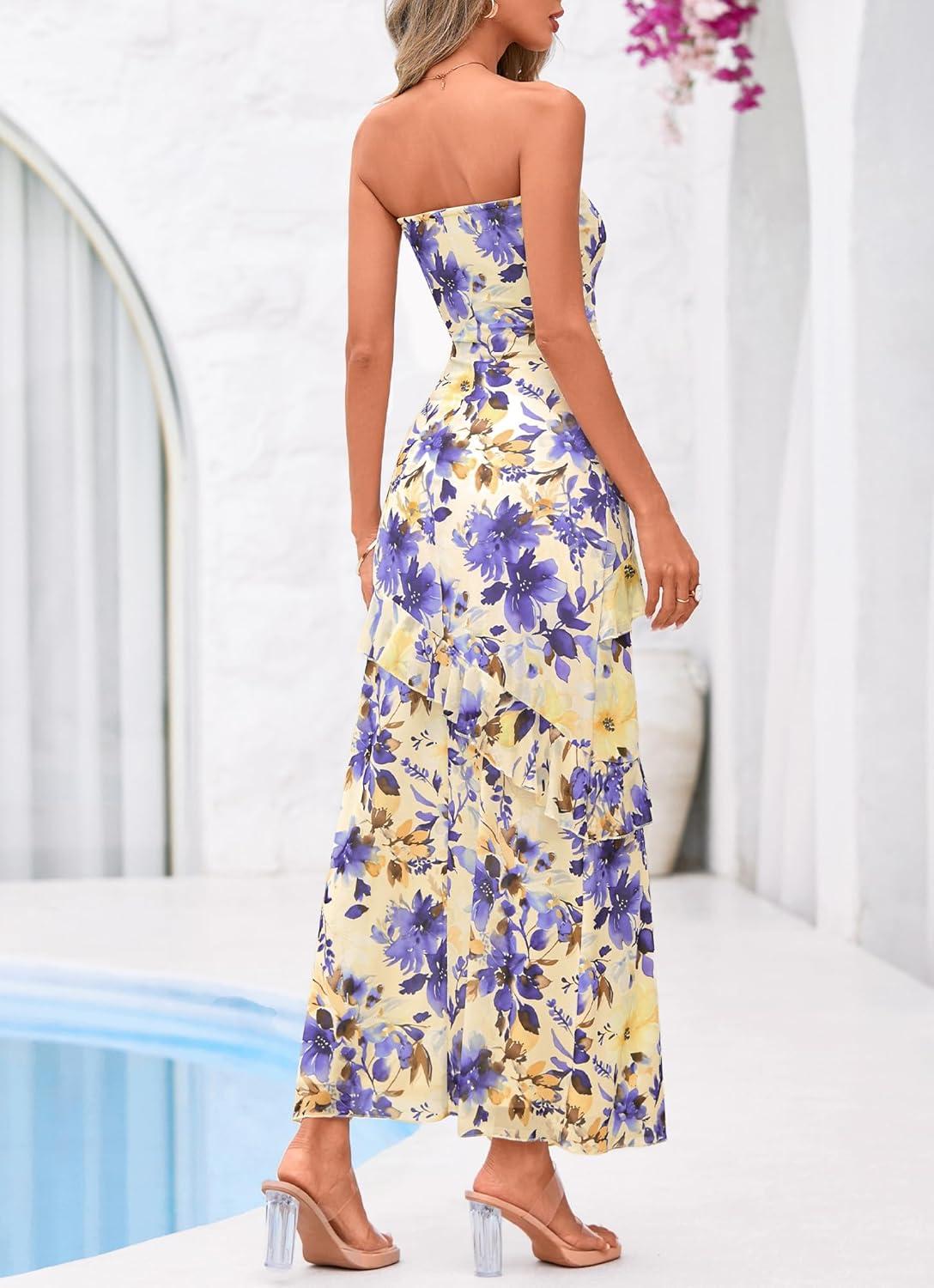 imageBTFBM Off The Shoulder Dresses for Women Summer 2026 Strapless Ruffle Sundress Slit Formal Cocktail Wedding Guest DressFloral Apricot Blue