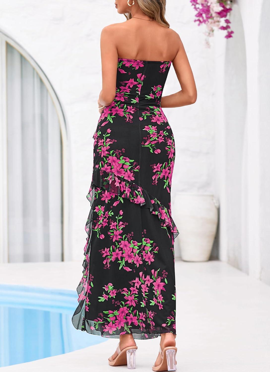 imageBTFBM Off The Shoulder Dresses for Women Summer 2026 Strapless Ruffle Sundress Slit Formal Cocktail Wedding Guest DressFloral Black Pink