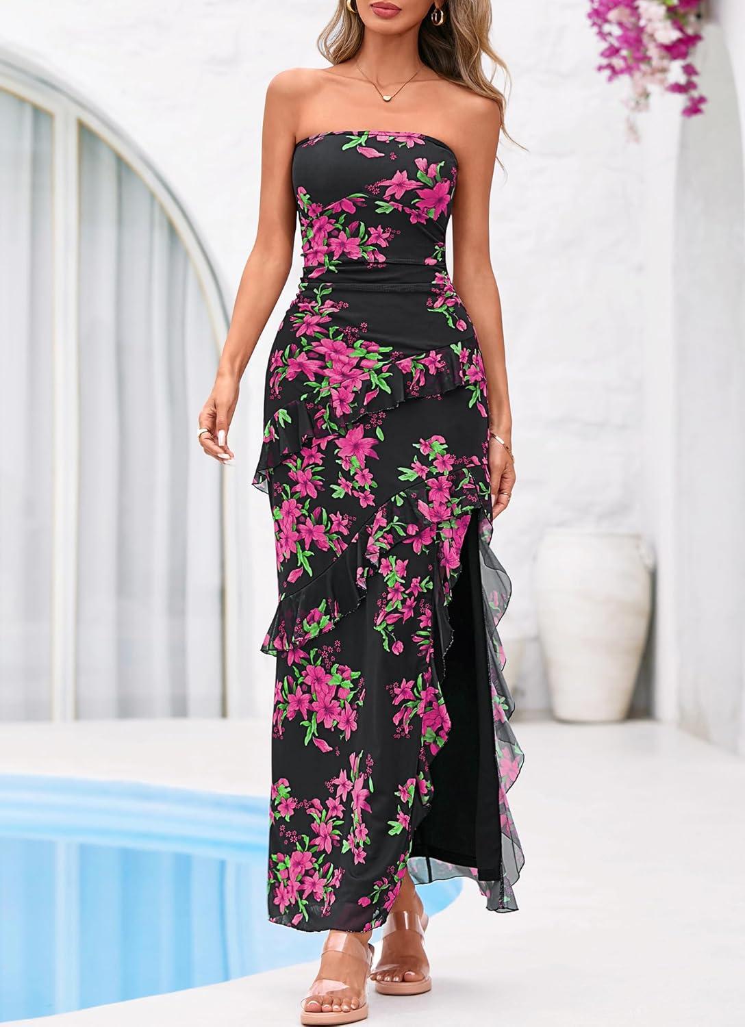 imageBTFBM Off The Shoulder Dresses for Women Summer 2026 Strapless Ruffle Sundress Slit Formal Cocktail Wedding Guest DressFloral Black Pink