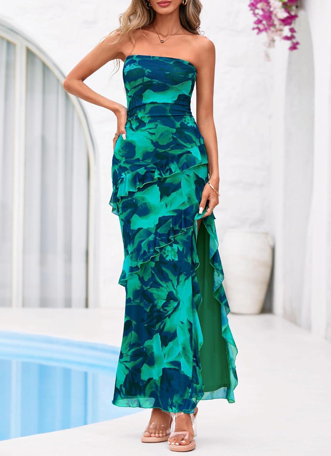 imageBTFBM Off The Shoulder Dresses for Women Summer 2026 Strapless Ruffle Sundress Slit Formal Cocktail Wedding Guest DressFloral Lake Blue