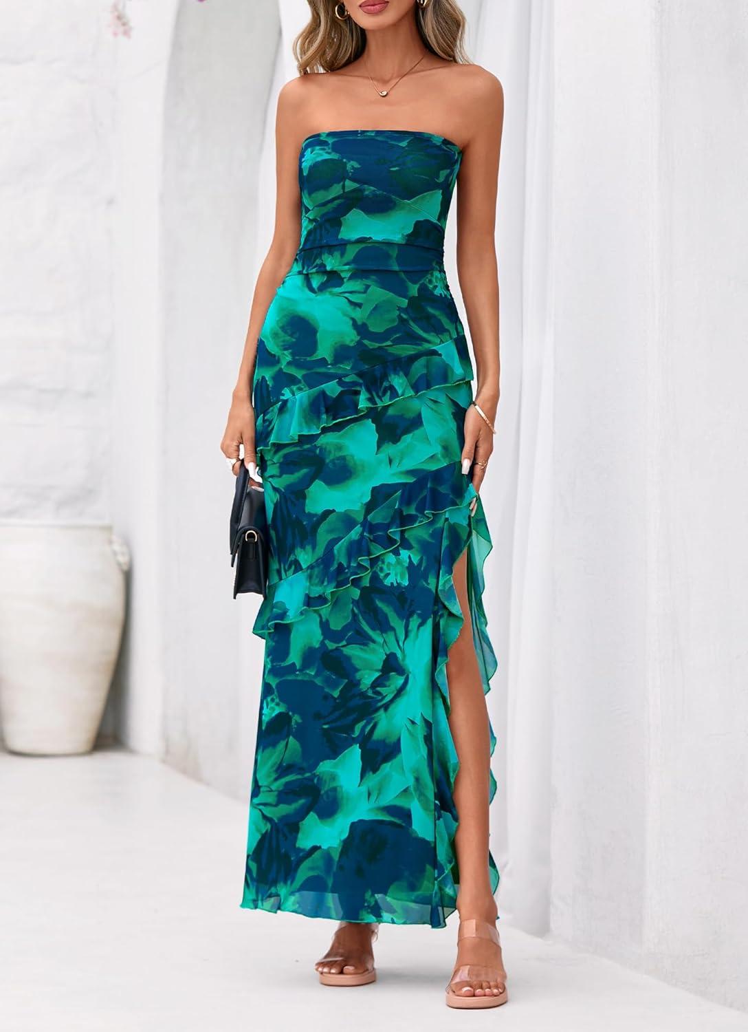 imageBTFBM Off The Shoulder Dresses for Women Summer 2026 Strapless Ruffle Sundress Slit Formal Cocktail Wedding Guest DressFloral Lake Blue