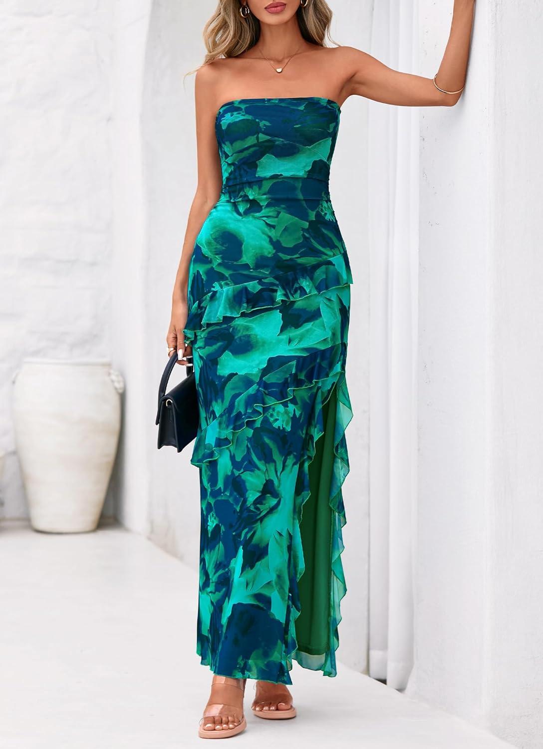 imageBTFBM Off The Shoulder Dresses for Women Summer 2026 Strapless Ruffle Sundress Slit Formal Cocktail Wedding Guest DressFloral Lake Blue
