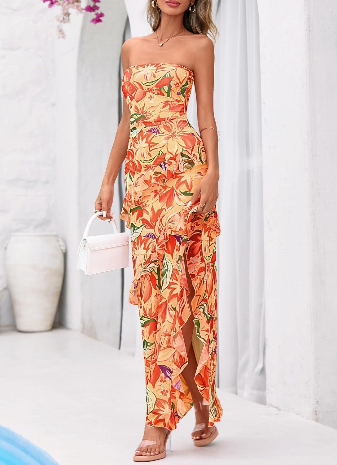 imageBTFBM Off The Shoulder Dresses for Women Summer 2026 Strapless Ruffle Sundress Slit Formal Cocktail Wedding Guest DressFloral Orange Red