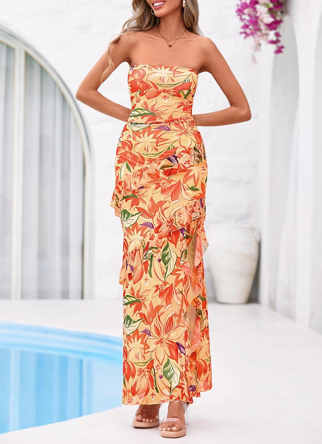 imageBTFBM Off The Shoulder Dresses for Women Summer 2026 Strapless Ruffle Sundress Slit Formal Cocktail Wedding Guest DressFloral Orange Red