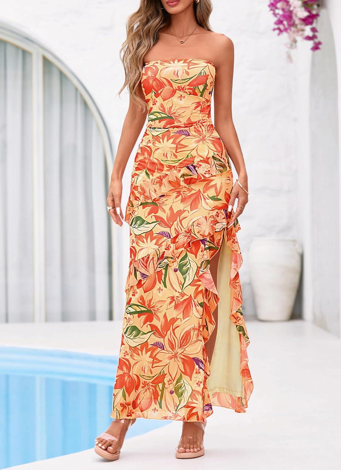imageBTFBM Off The Shoulder Dresses for Women Summer 2026 Strapless Ruffle Sundress Slit Formal Cocktail Wedding Guest DressFloral Orange Red