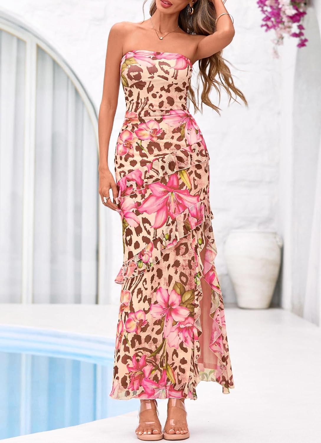 imageBTFBM Off The Shoulder Dresses for Women Summer 2026 Strapless Ruffle Sundress Slit Formal Cocktail Wedding Guest DressLeopard Apricot Flower