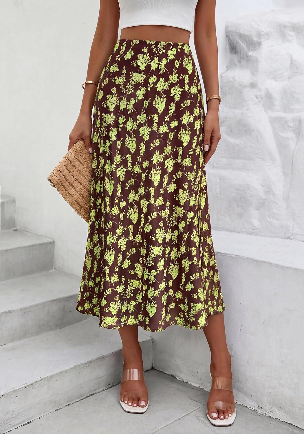 imageBTFBM Satin Skirts for Women Trendy Spring Summer 2026 High Waisted Leopard Print Cocktail Wedding Long Silk Midi SkirtFloral Brown Light Green