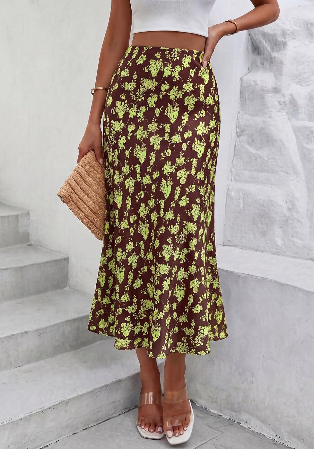 imageBTFBM Satin Skirts for Women Trendy Spring Summer 2026 High Waisted Leopard Print Cocktail Wedding Long Silk Midi SkirtFloral Brown Light Green
