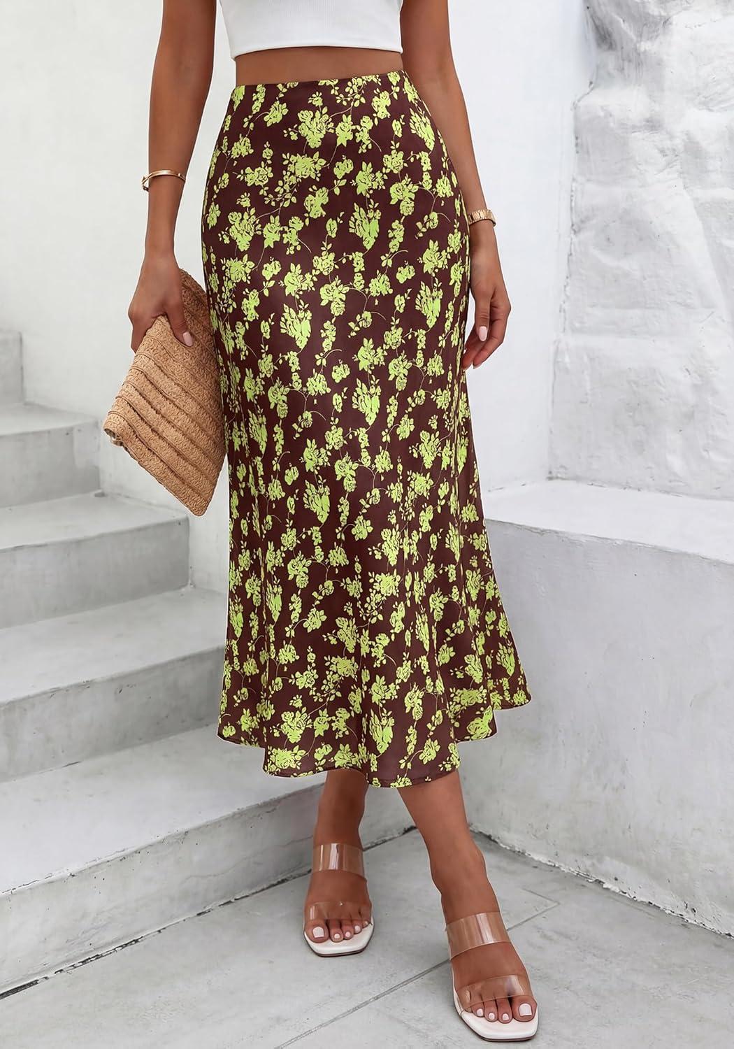 imageBTFBM Satin Skirts for Women Trendy Spring Summer 2026 High Waisted Leopard Print Cocktail Wedding Long Silk Midi SkirtFloral Brown Light Green