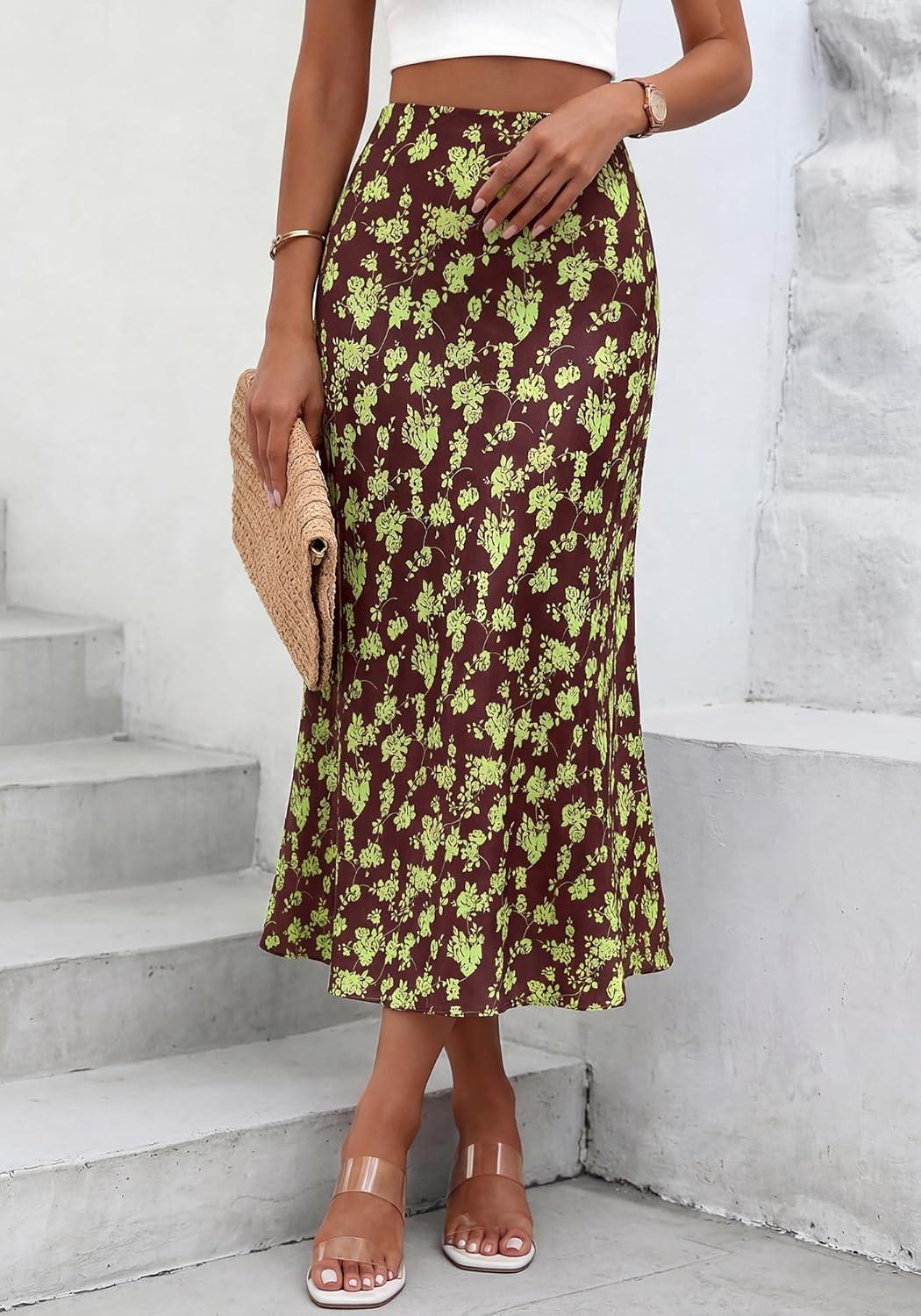 imageBTFBM Satin Skirts for Women Trendy Spring Summer 2026 High Waisted Leopard Print Cocktail Wedding Long Silk Midi SkirtFloral Brown Light Green
