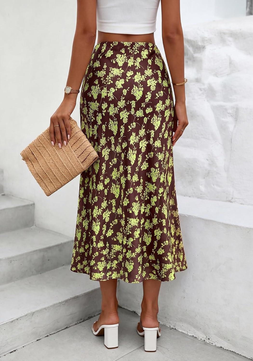 imageBTFBM Satin Skirts for Women Trendy Spring Summer 2026 High Waisted Leopard Print Cocktail Wedding Long Silk Midi SkirtFloral Brown Light Green