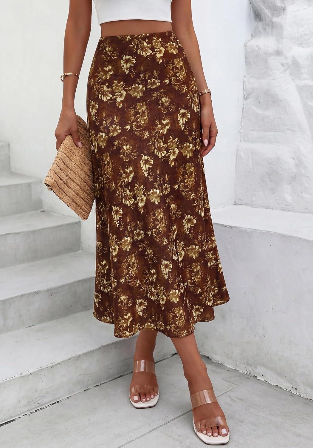imageBTFBM Satin Skirts for Women Trendy Spring Summer 2026 High Waisted Leopard Print Cocktail Wedding Long Silk Midi SkirtFloral Brown Yellow