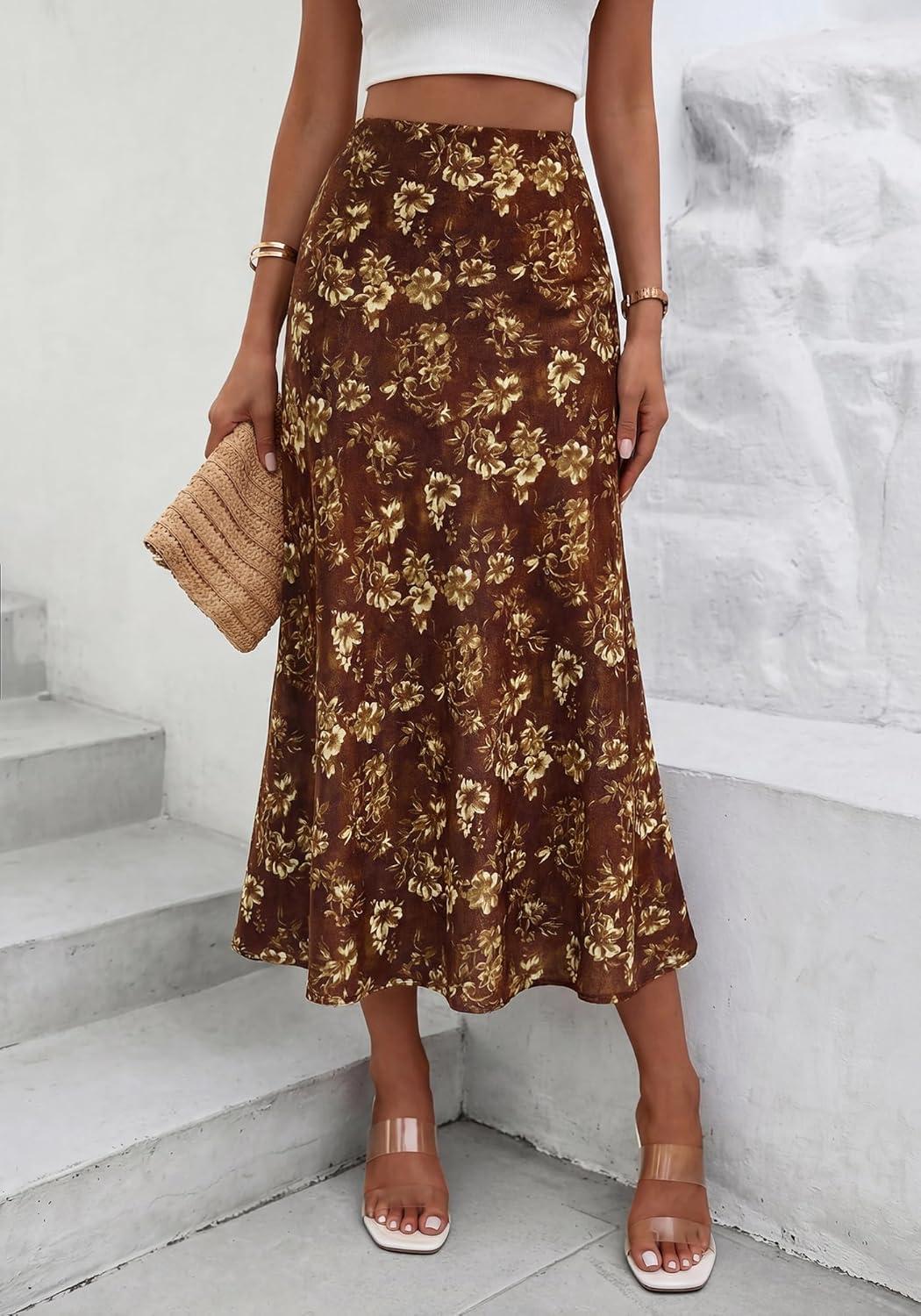 imageBTFBM Satin Skirts for Women Trendy Spring Summer 2026 High Waisted Leopard Print Cocktail Wedding Long Silk Midi SkirtFloral Brown Yellow