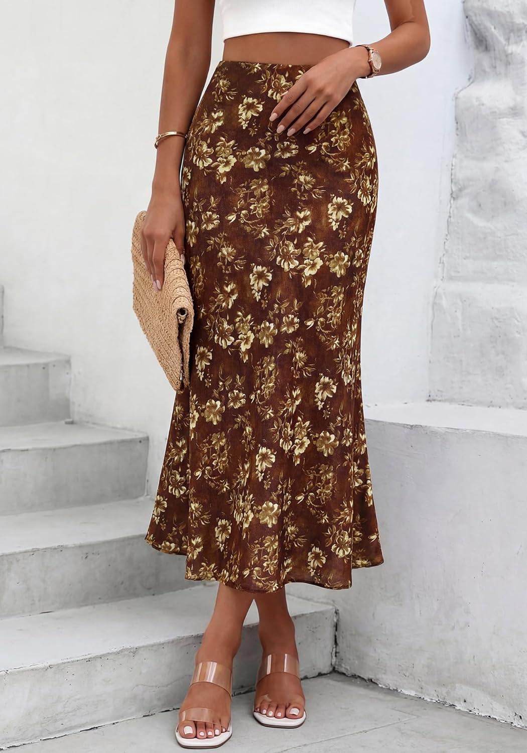 imageBTFBM Satin Skirts for Women Trendy Spring Summer 2026 High Waisted Leopard Print Cocktail Wedding Long Silk Midi SkirtFloral Brown Yellow