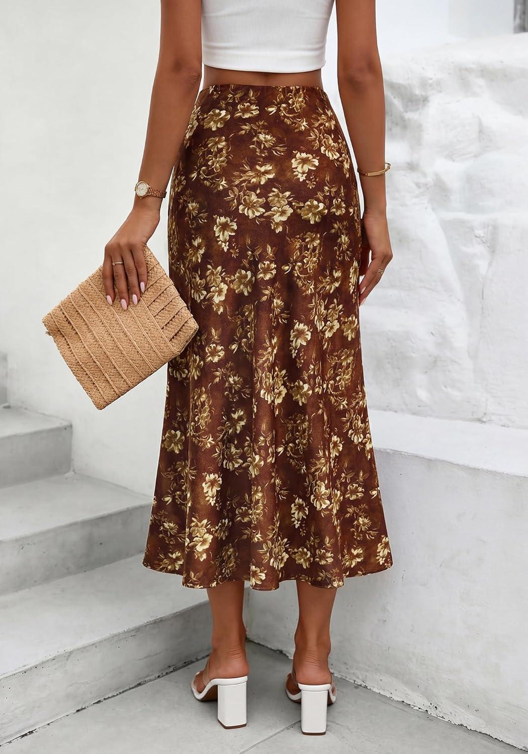 imageBTFBM Satin Skirts for Women Trendy Spring Summer 2026 High Waisted Leopard Print Cocktail Wedding Long Silk Midi SkirtFloral Brown Yellow