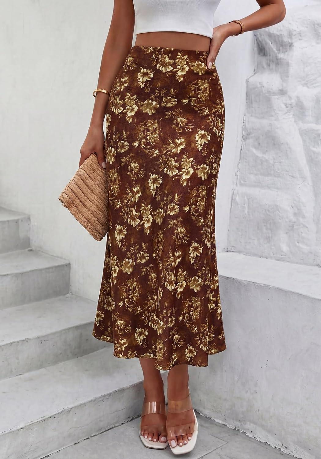 imageBTFBM Satin Skirts for Women Trendy Spring Summer 2026 High Waisted Leopard Print Cocktail Wedding Long Silk Midi SkirtFloral Brown Yellow