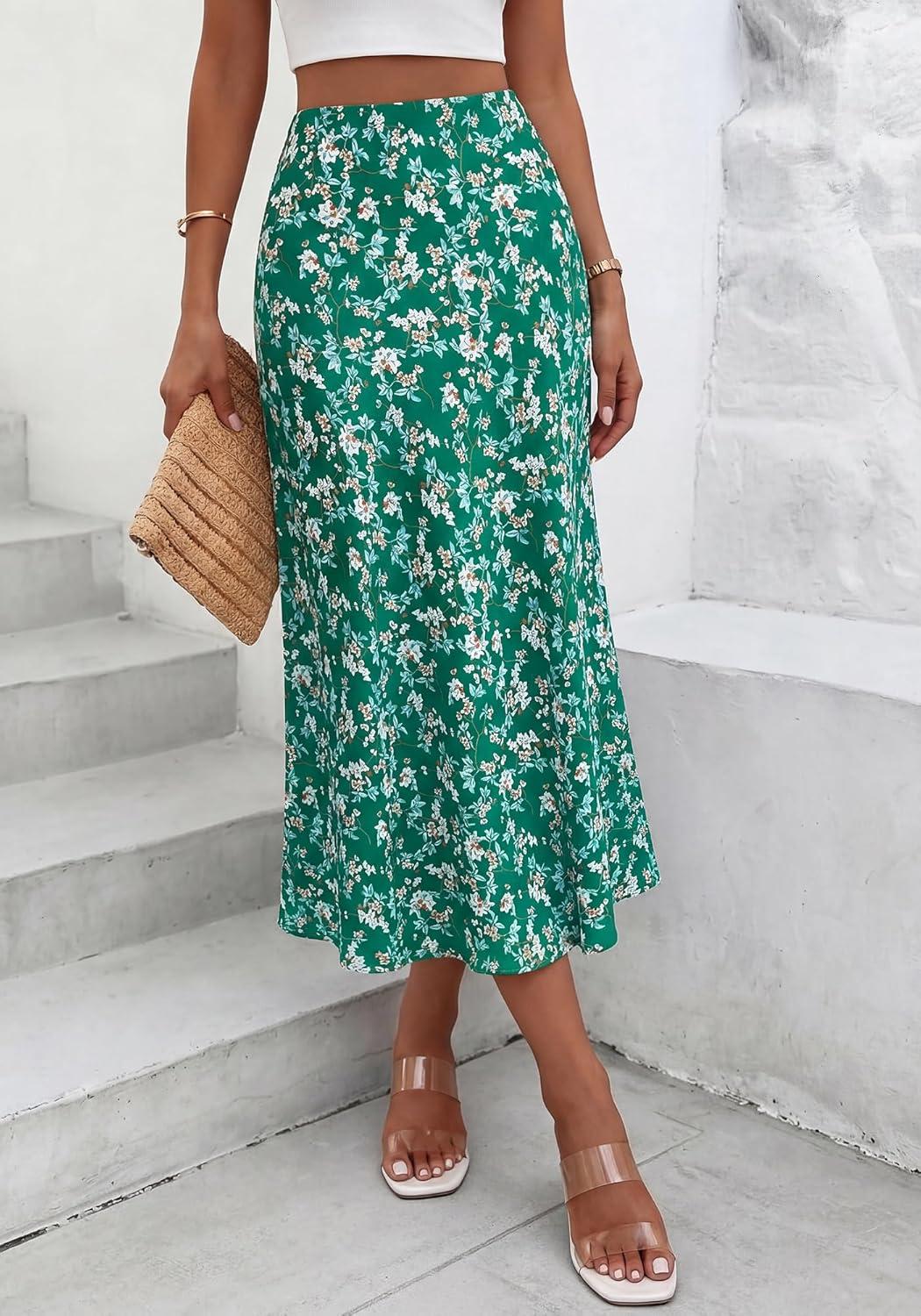imageBTFBM Satin Skirts for Women Trendy Spring Summer 2026 High Waisted Leopard Print Cocktail Wedding Long Silk Midi SkirtFloral Green White