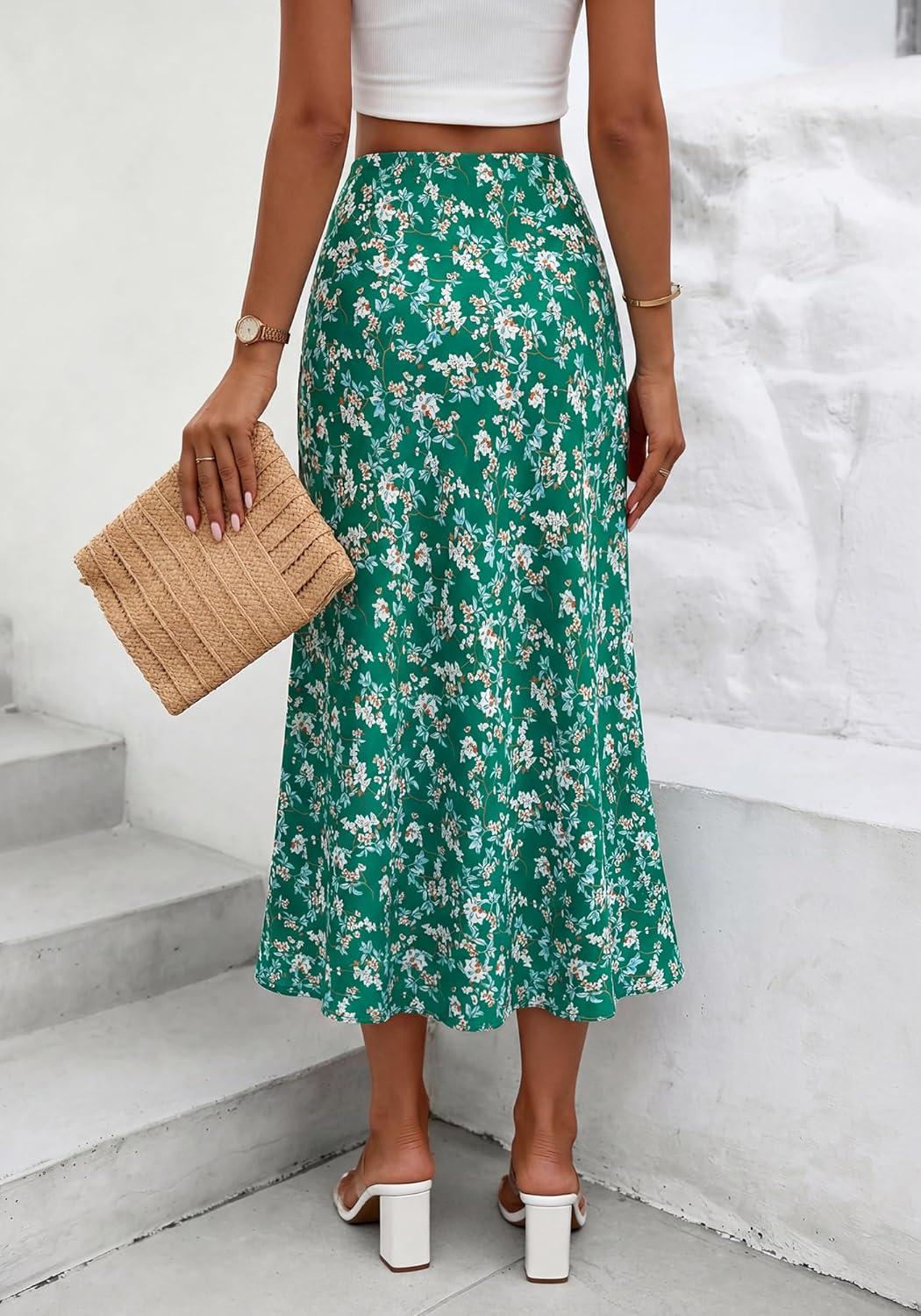 imageBTFBM Satin Skirts for Women Trendy Spring Summer 2026 High Waisted Leopard Print Cocktail Wedding Long Silk Midi SkirtFloral Green White