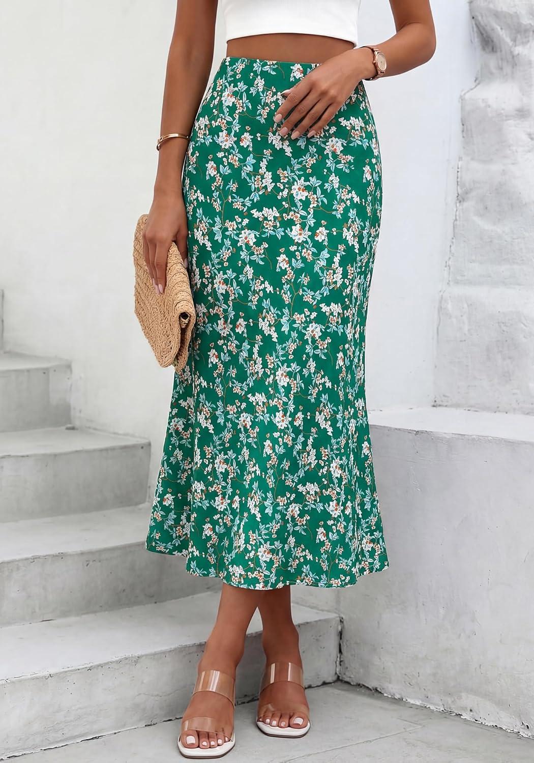 imageBTFBM Satin Skirts for Women Trendy Spring Summer 2026 High Waisted Leopard Print Cocktail Wedding Long Silk Midi SkirtFloral Green White