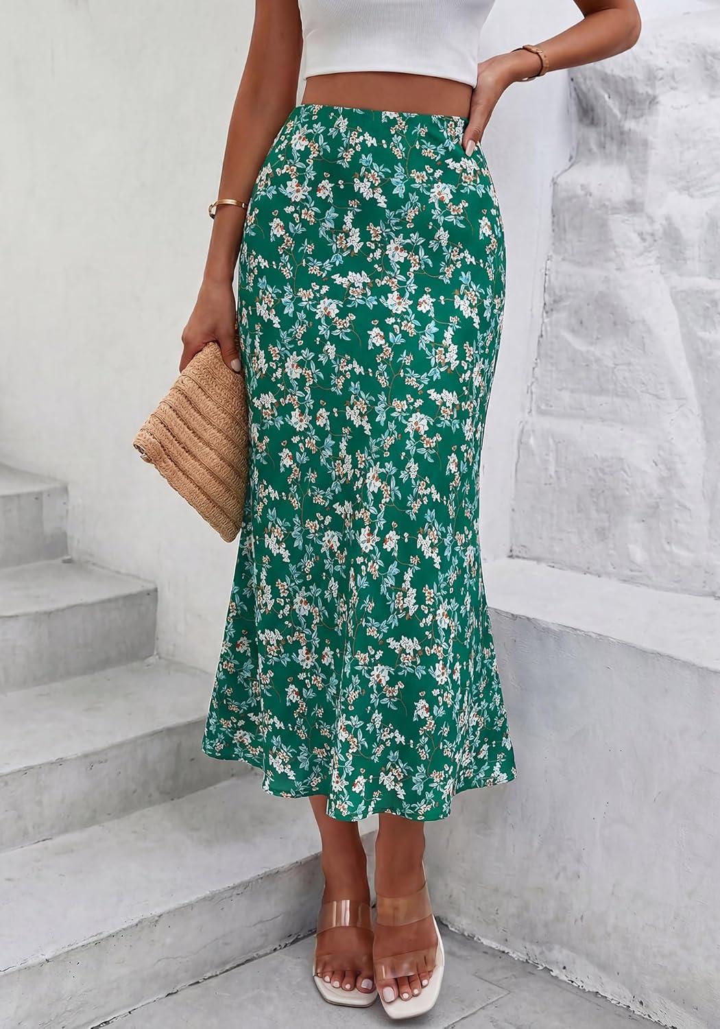 imageBTFBM Satin Skirts for Women Trendy Spring Summer 2026 High Waisted Leopard Print Cocktail Wedding Long Silk Midi SkirtFloral Green White