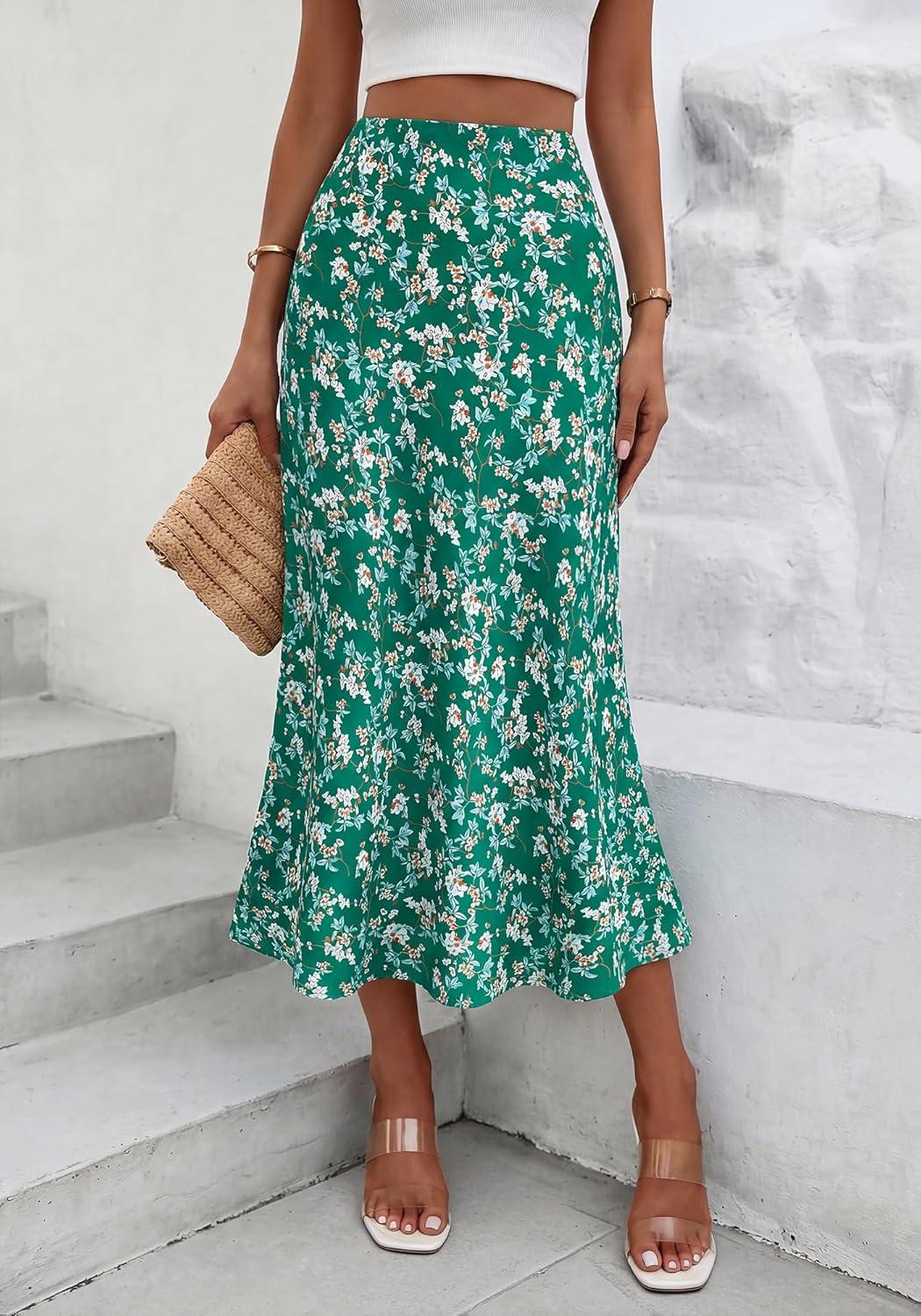 imageBTFBM Satin Skirts for Women Trendy Spring Summer 2026 High Waisted Leopard Print Cocktail Wedding Long Silk Midi SkirtFloral Green White