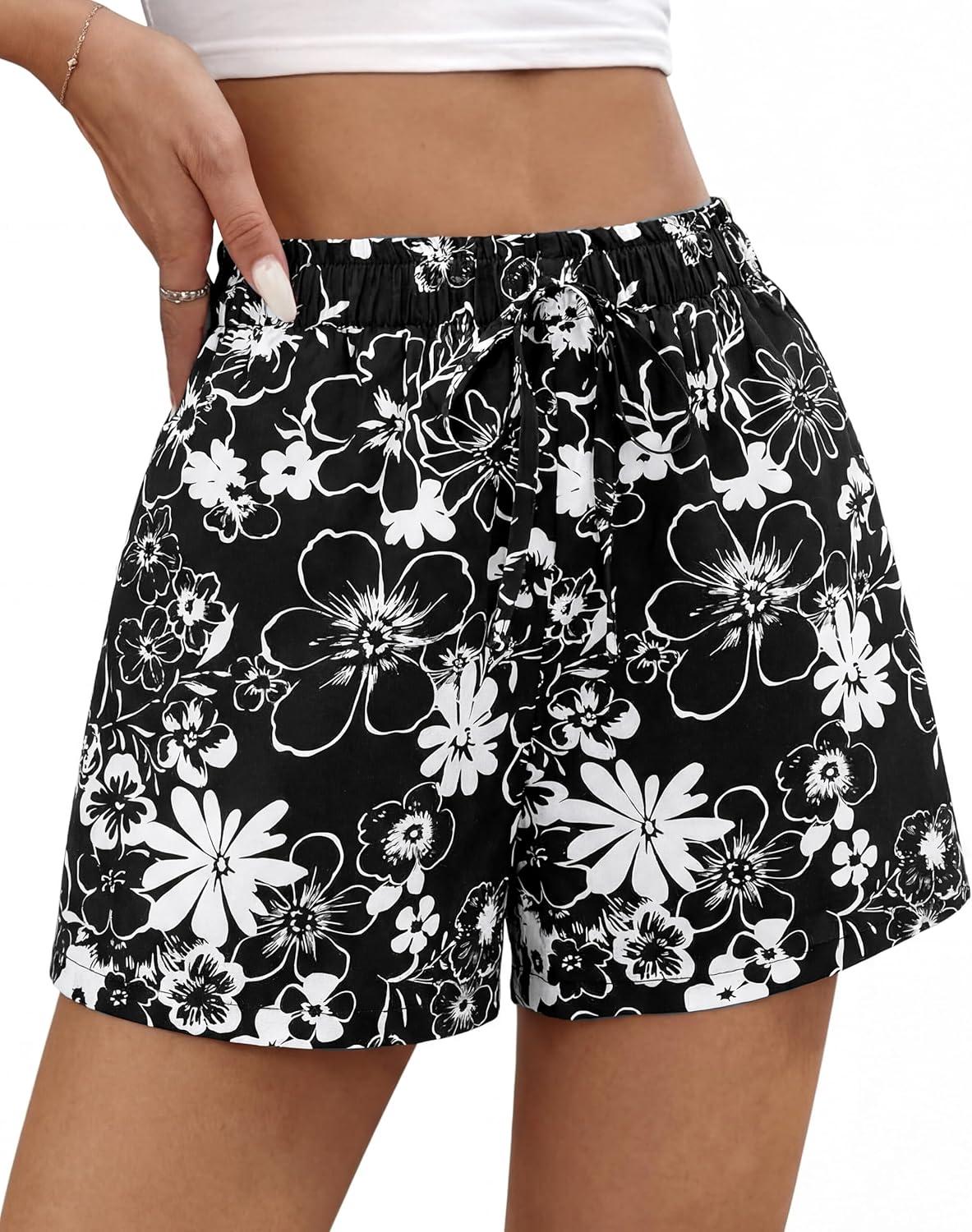 imageBTFBM Spring Summer Shorts for Women Dressy Casual High Waisted Wide Leg Floral Boho Shorts 2026 Beach Vacation ClothesFloral Black