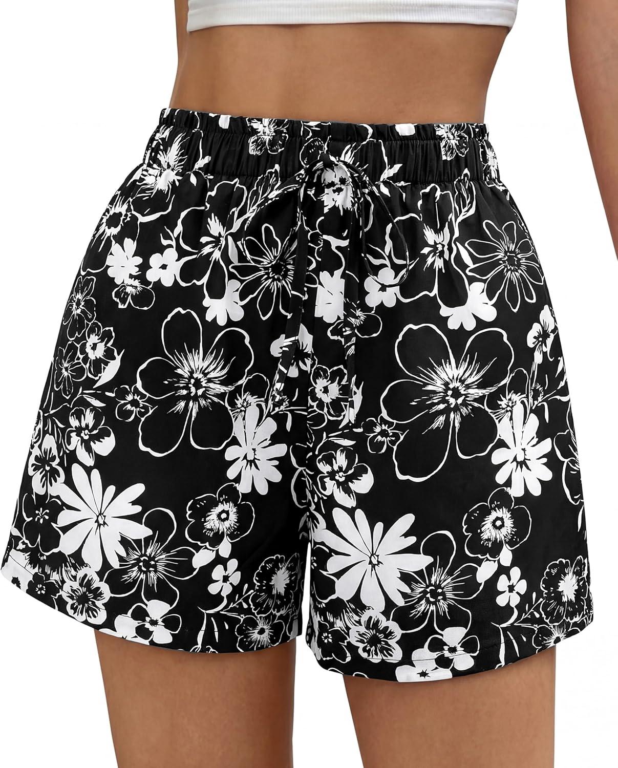 imageBTFBM Spring Summer Shorts for Women Dressy Casual High Waisted Wide Leg Floral Boho Shorts 2026 Beach Vacation ClothesFloral Black