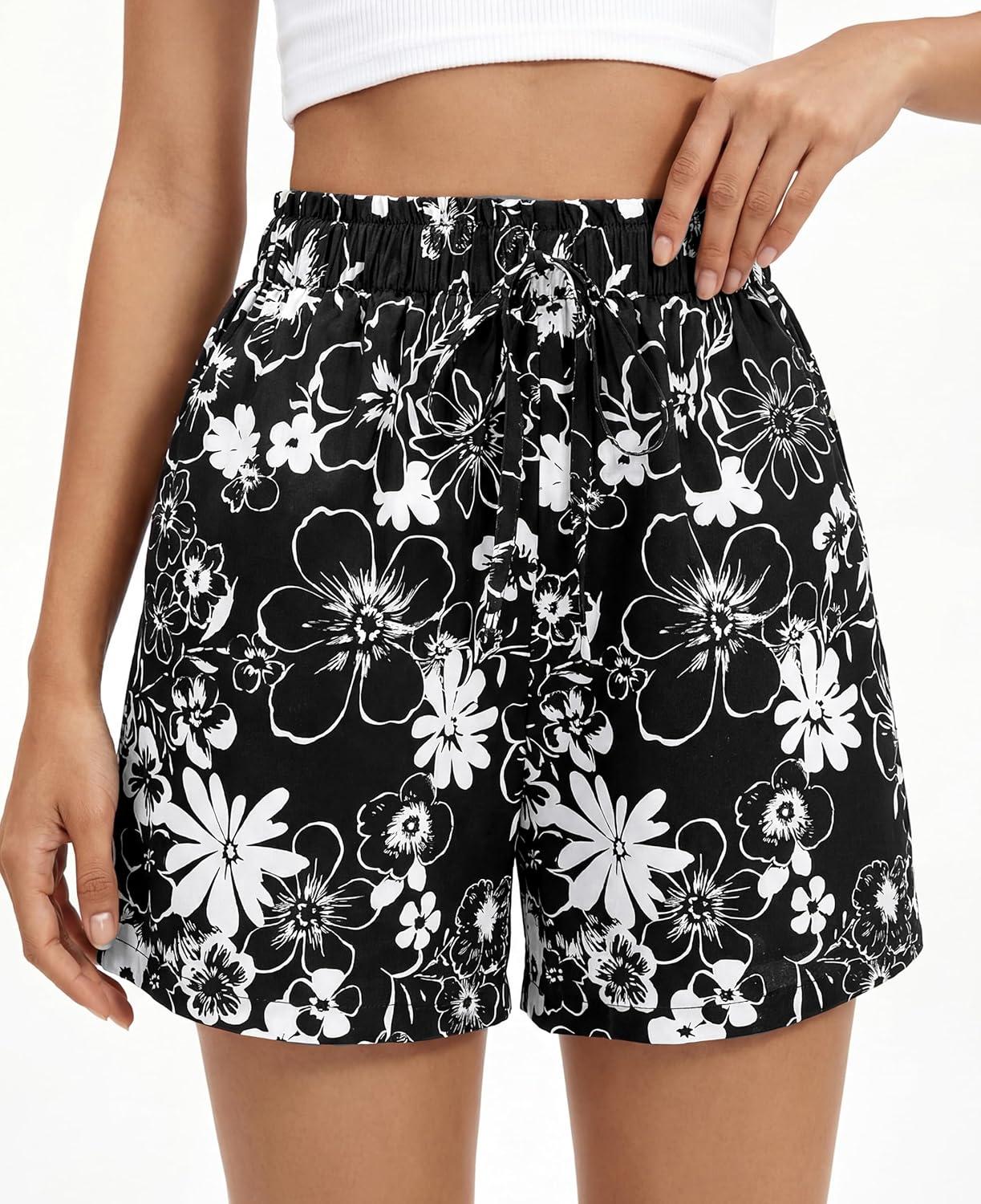 imageBTFBM Spring Summer Shorts for Women Dressy Casual High Waisted Wide Leg Floral Boho Shorts 2026 Beach Vacation ClothesFloral Black