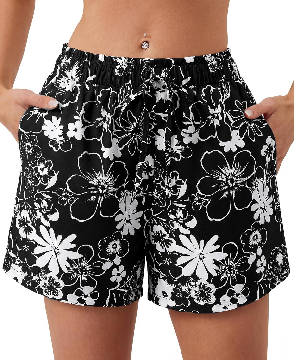imageBTFBM Spring Summer Shorts for Women Dressy Casual High Waisted Wide Leg Floral Boho Shorts 2026 Beach Vacation ClothesFloral Black