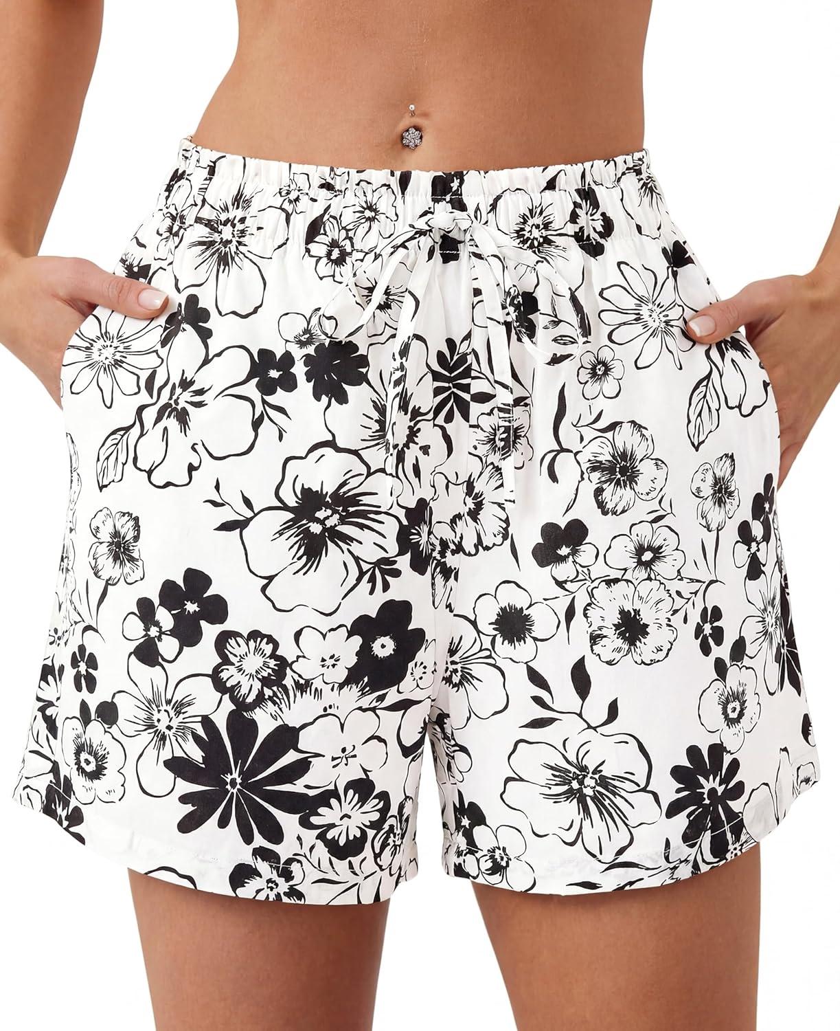 imageBTFBM Spring Summer Shorts for Women Dressy Casual High Waisted Wide Leg Floral Boho Shorts 2026 Beach Vacation ClothesFloral White