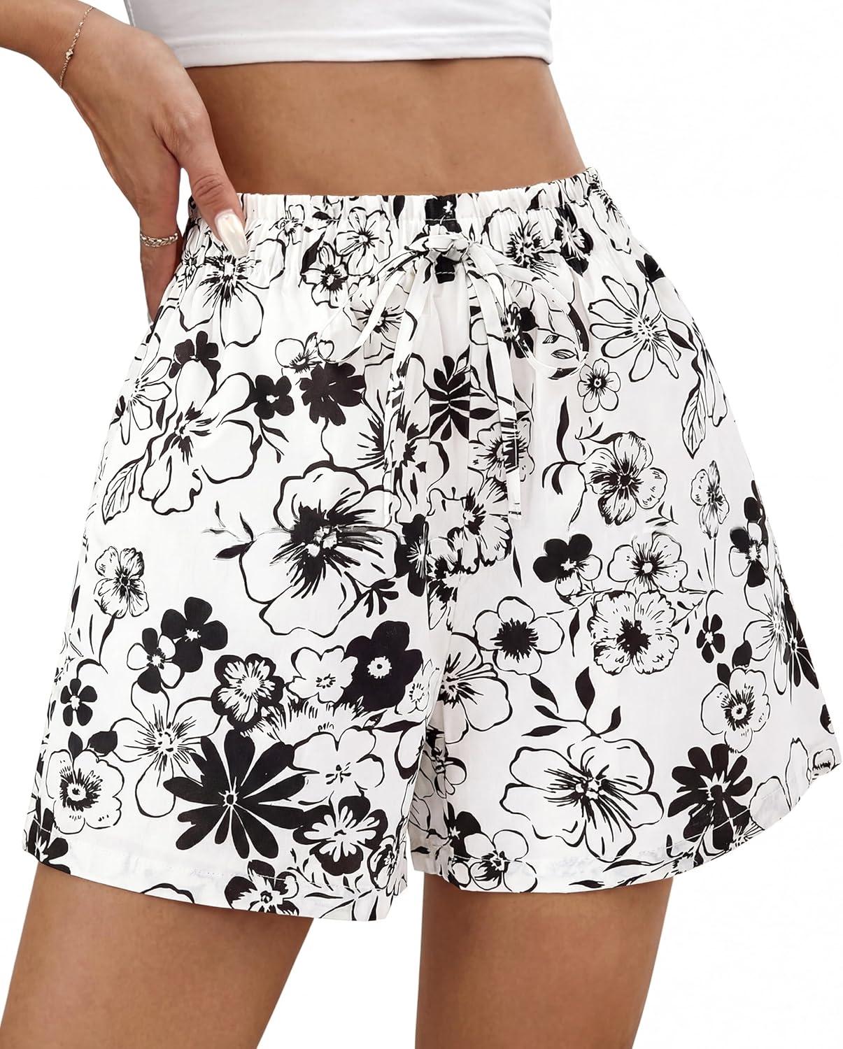 imageBTFBM Spring Summer Shorts for Women Dressy Casual High Waisted Wide Leg Floral Boho Shorts 2026 Beach Vacation ClothesFloral White
