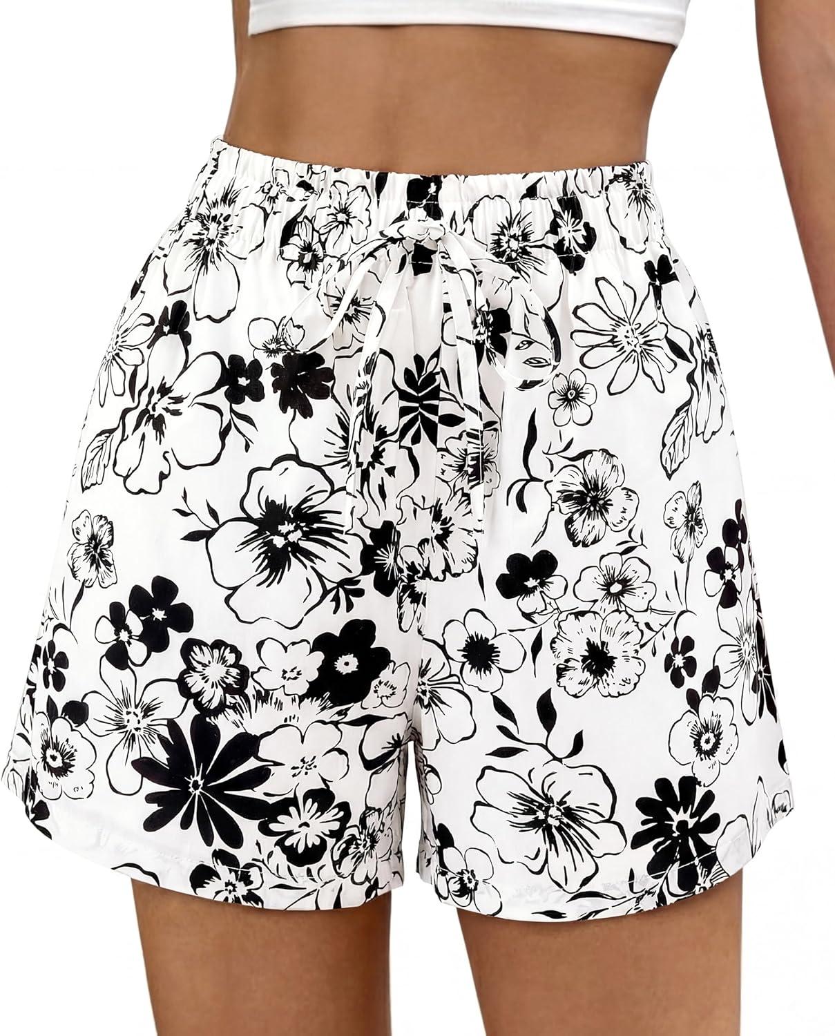 imageBTFBM Spring Summer Shorts for Women Dressy Casual High Waisted Wide Leg Floral Boho Shorts 2026 Beach Vacation ClothesFloral White
