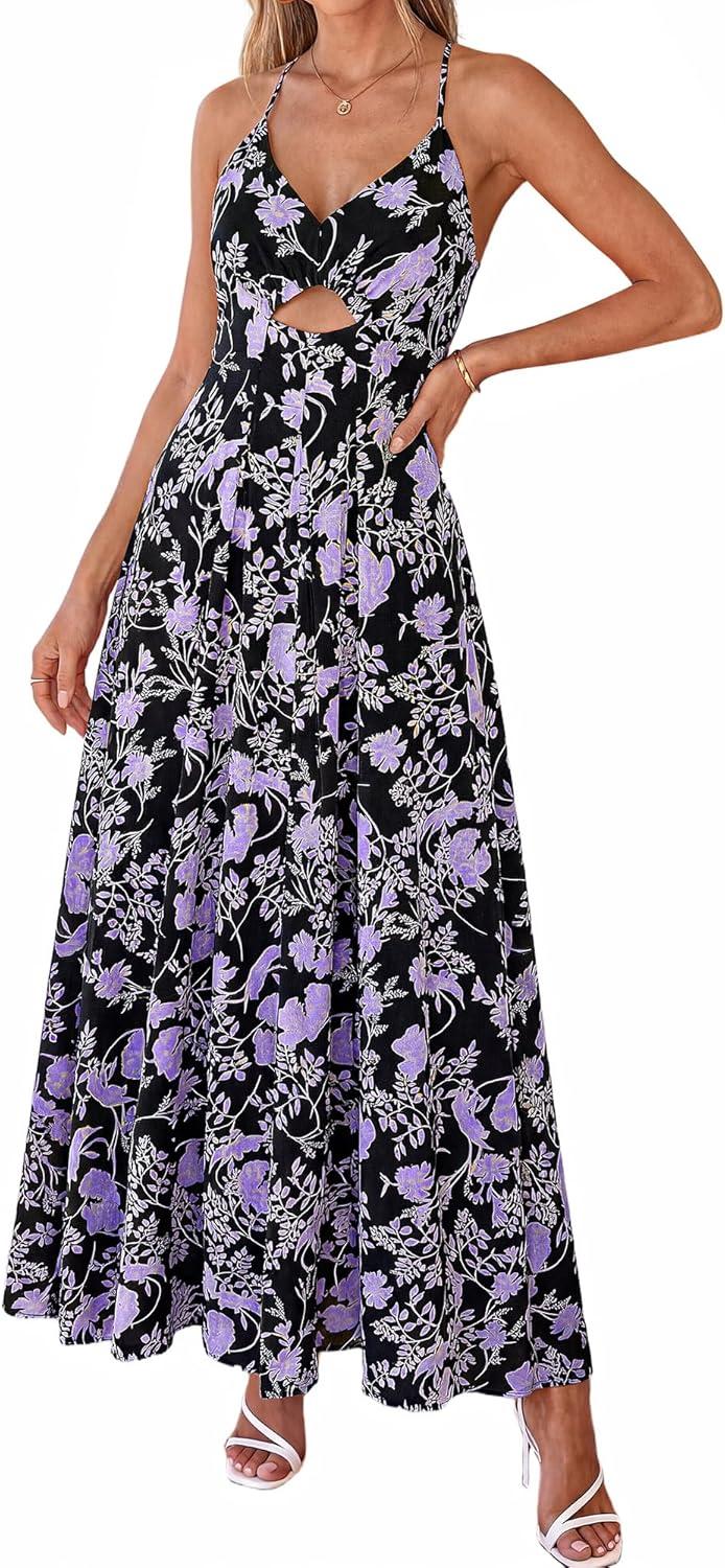 imageBTFBM Summer Dresses for Women 2026 Spring Floral Spaghetti Strap Smocked Cutout Maxi Dress Resort Beach Vacation OutfitFloral Black Purple