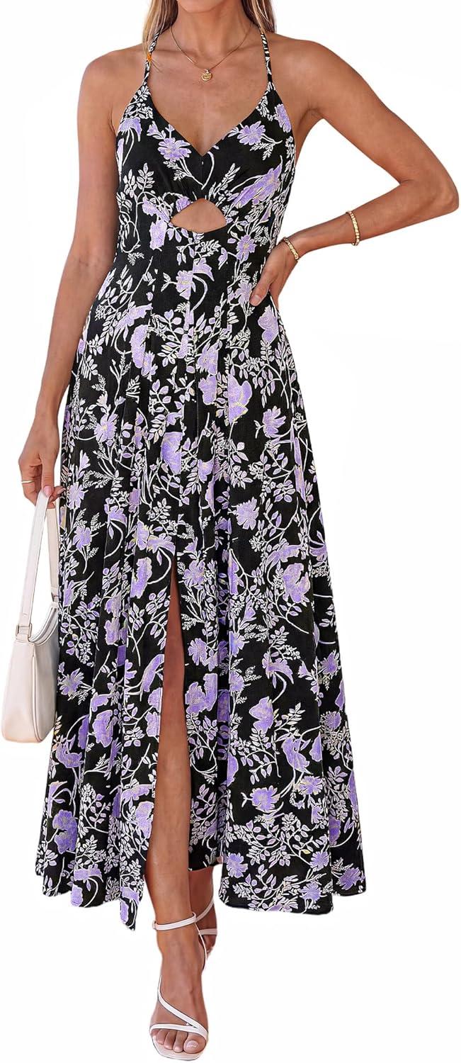 imageBTFBM Summer Dresses for Women 2026 Spring Floral Spaghetti Strap Smocked Cutout Maxi Dress Resort Beach Vacation OutfitFloral Black Purple