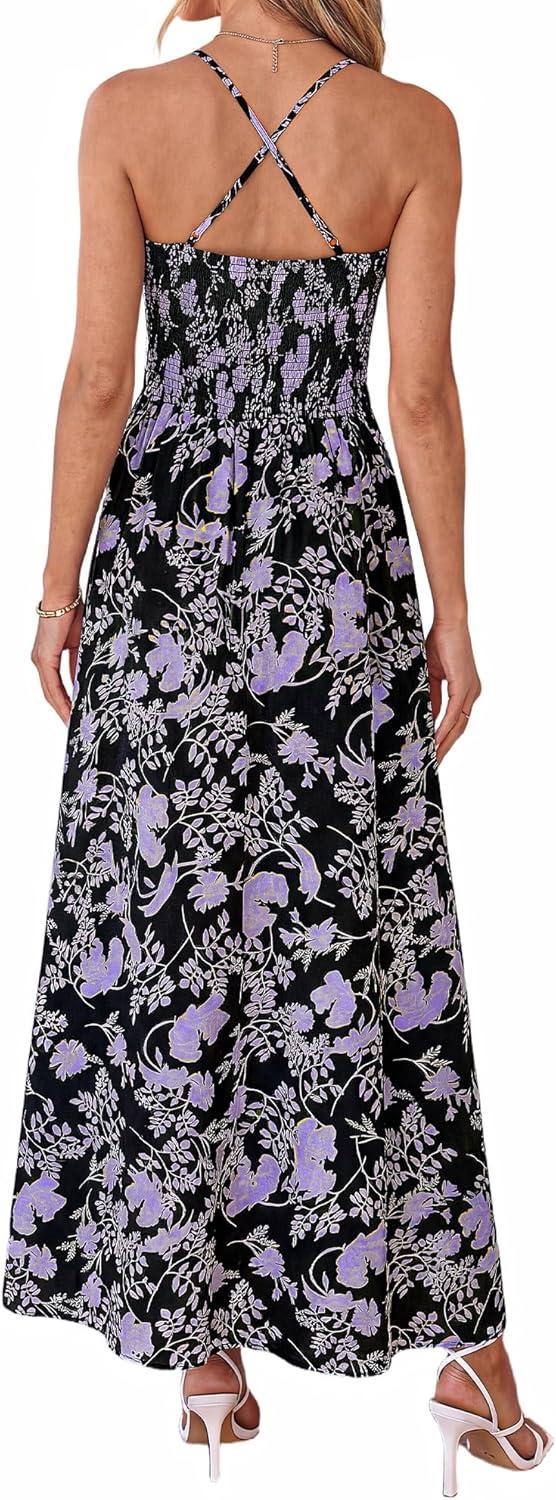 imageBTFBM Summer Dresses for Women 2026 Spring Floral Spaghetti Strap Smocked Cutout Maxi Dress Resort Beach Vacation OutfitFloral Black Purple