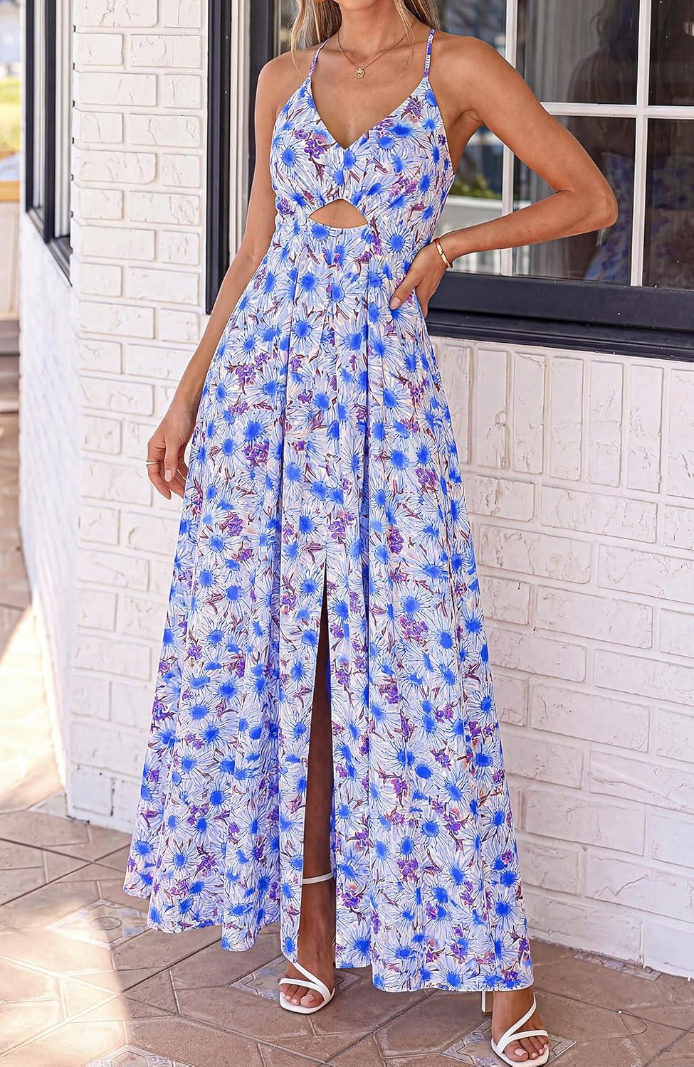 imageBTFBM Summer Dresses for Women 2026 Spring Floral Spaghetti Strap Smocked Cutout Maxi Dress Resort Beach Vacation OutfitFloral Blue