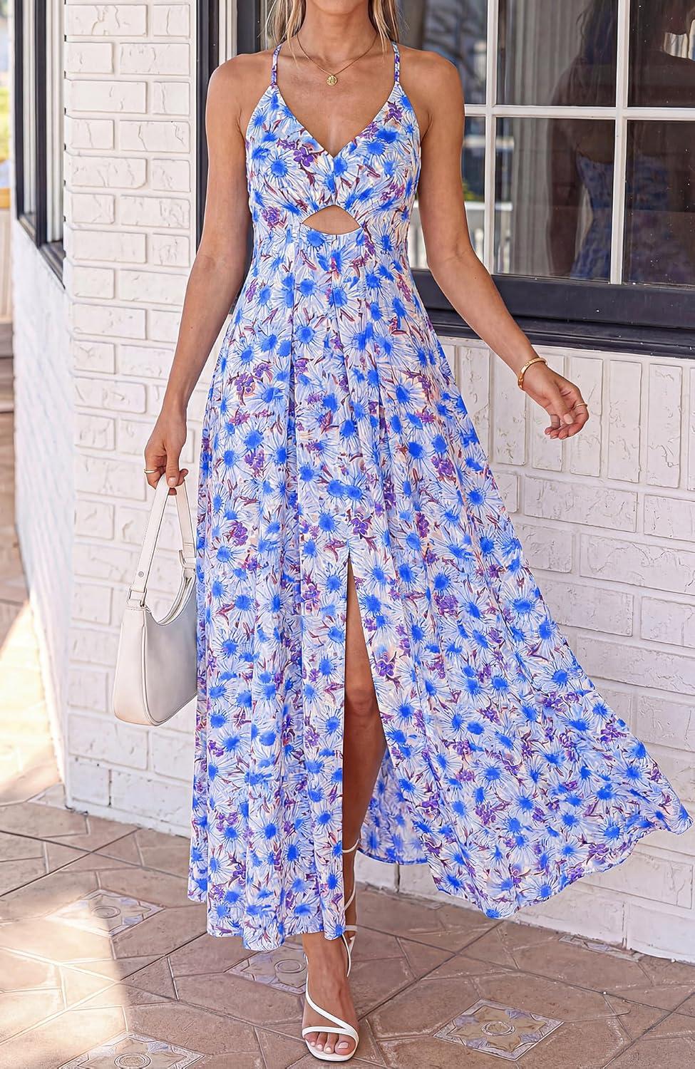 imageBTFBM Summer Dresses for Women 2026 Spring Floral Spaghetti Strap Smocked Cutout Maxi Dress Resort Beach Vacation OutfitFloral Blue