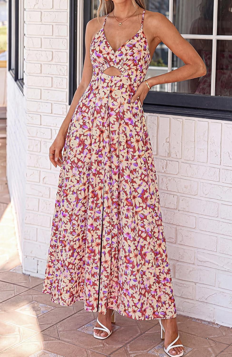 imageBTFBM Summer Dresses for Women 2026 Spring Floral Spaghetti Strap Smocked Cutout Maxi Dress Resort Beach Vacation OutfitFloral Light Brown