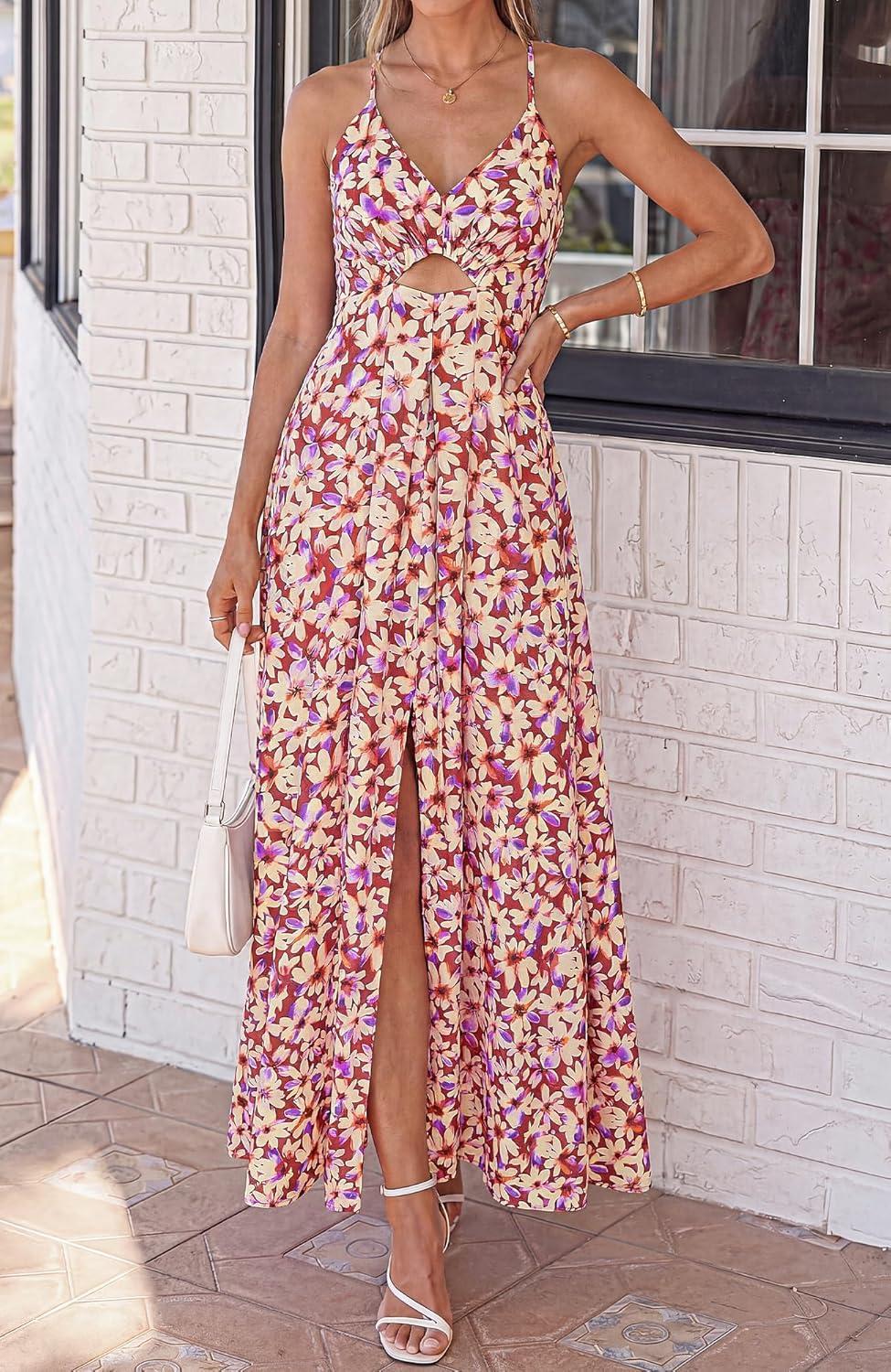 imageBTFBM Summer Dresses for Women 2026 Spring Floral Spaghetti Strap Smocked Cutout Maxi Dress Resort Beach Vacation OutfitFloral Light Brown
